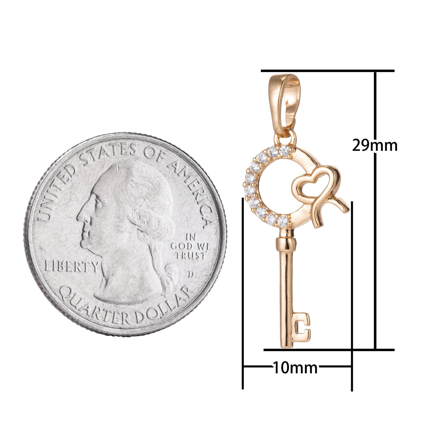 1pc 18k gold micro pave cz heart key pendant charm, micro pave cz key pendant charm, key pendant, for diy jewelry, 1474