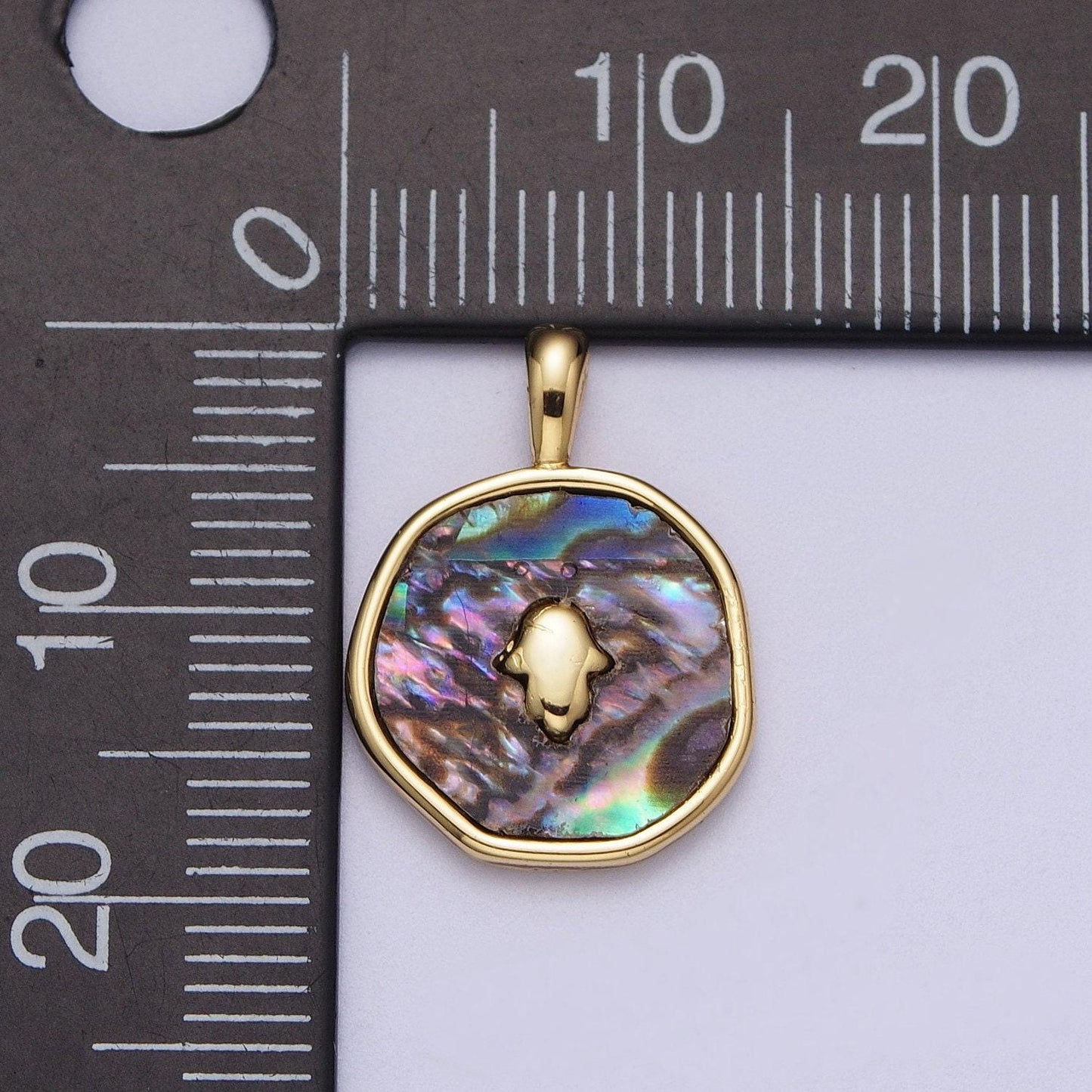14k gold filled hamsa hand shell pearl, abalone round charm pendant for minimalist jewelry | i294 i316