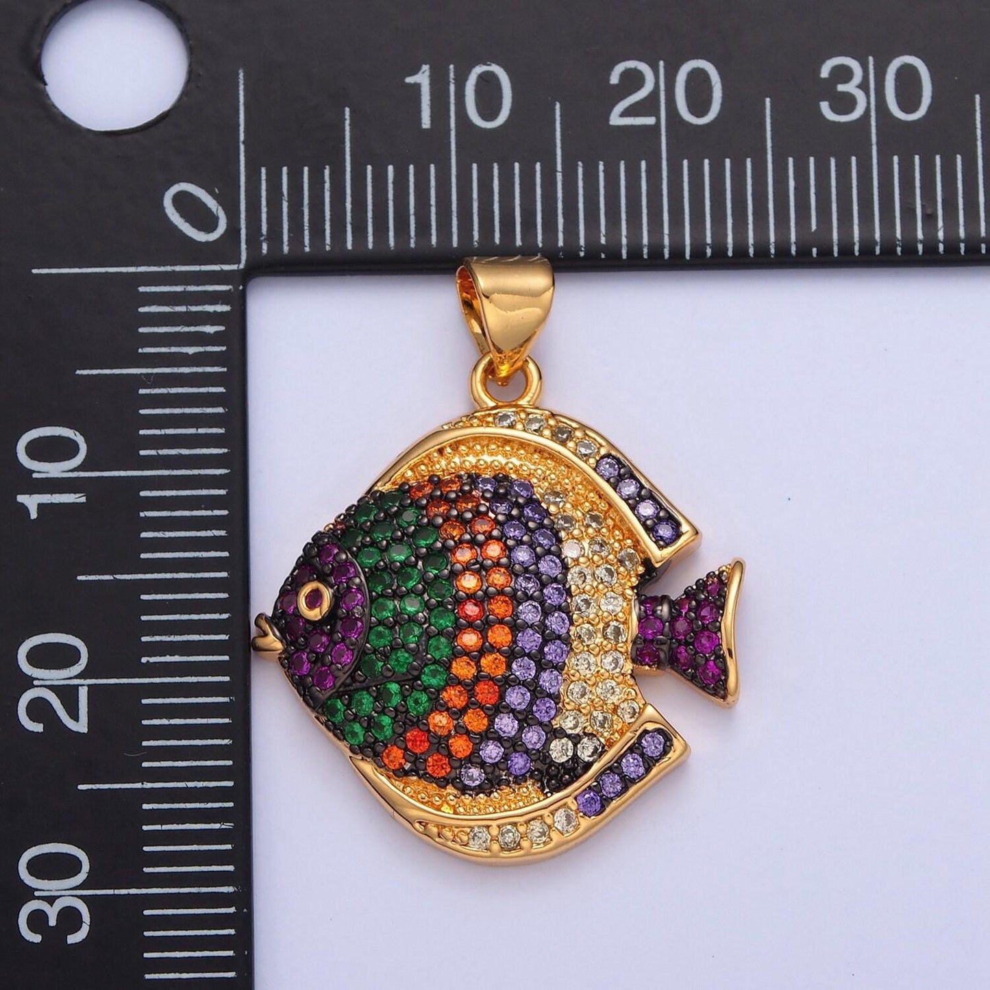 Iced gold cz fish charm micro colorful cz paved sea life fish pendant, sea animal beach life charm | i215