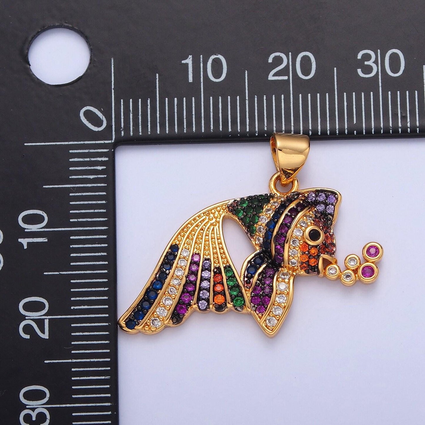 Rainbow gold fish charm micro colorful cz paved sea life fish pendant, sea animal beach life charm | i207