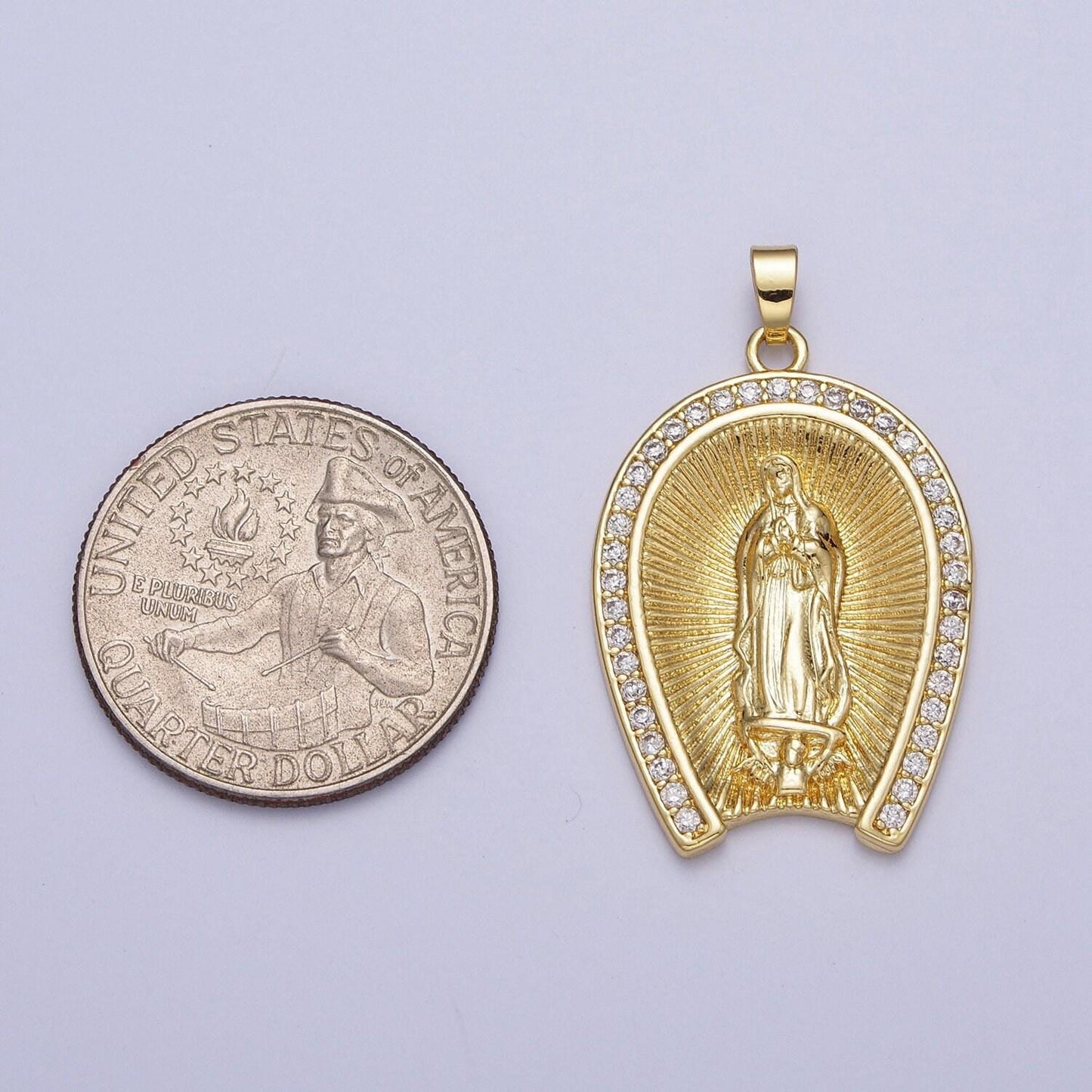 Big gold lady gudalupe pendant for religious statement jewelry virgin mary charm with clear cubic zirconia h-887