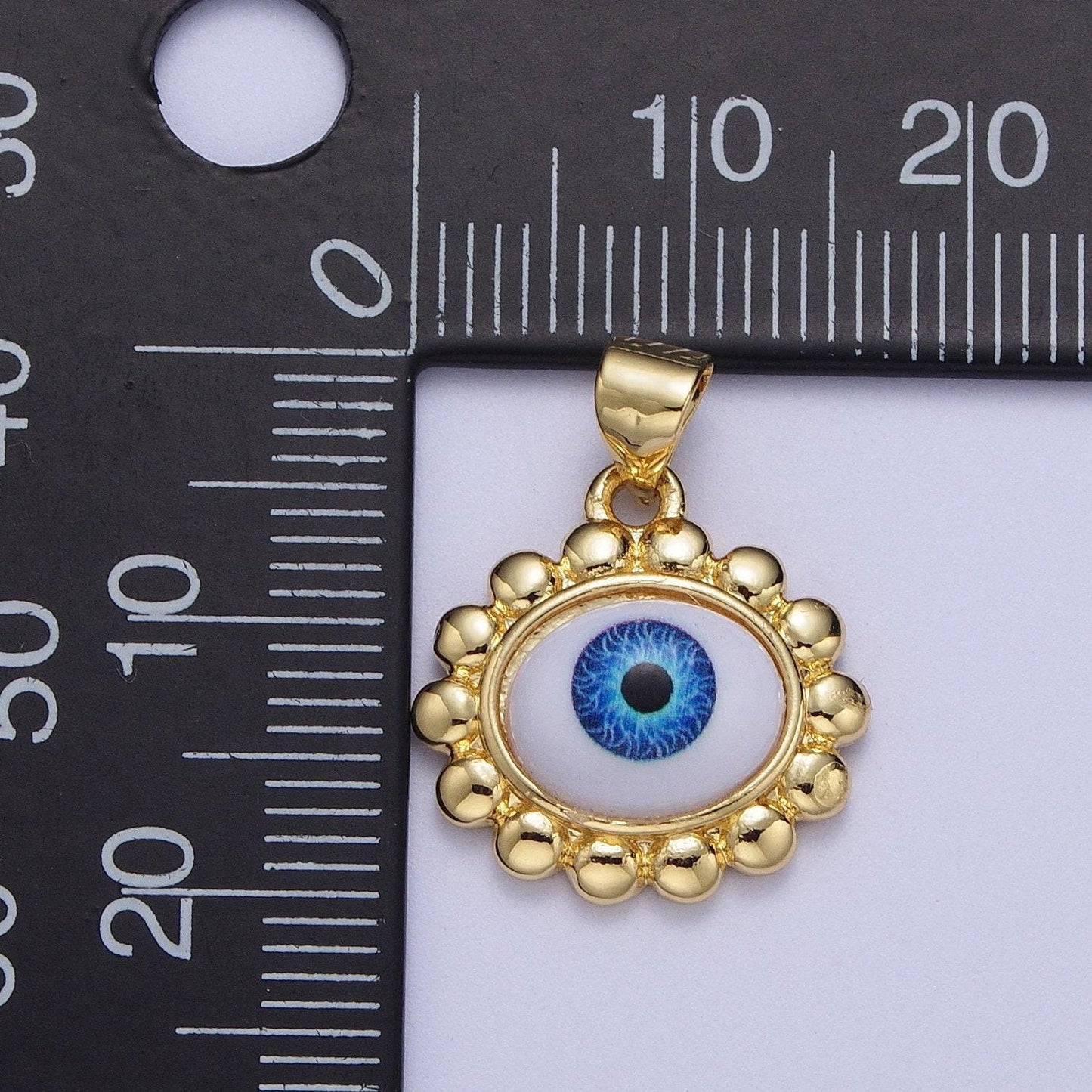 Gold evil eye floral edge pendant, 24k gold plated white enamel blue iris eye of ra flower edge charm | h-558