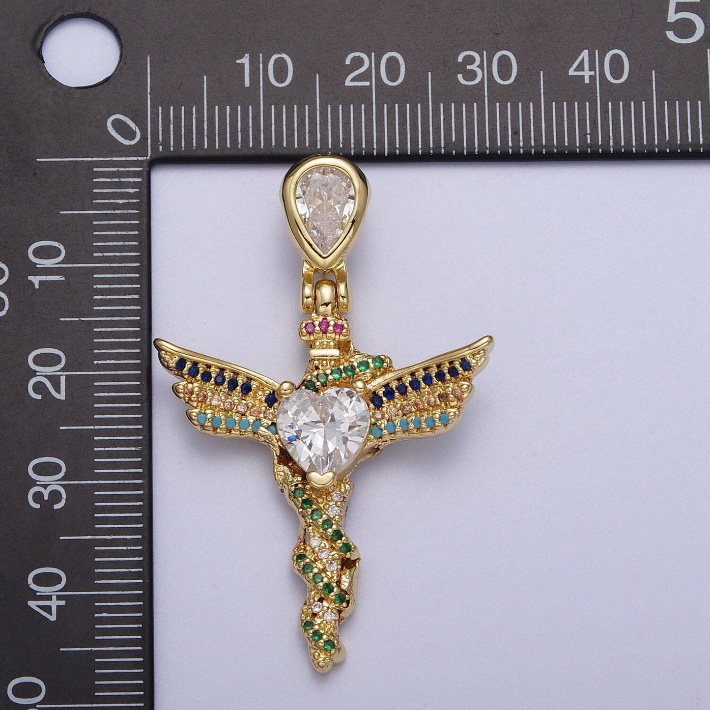 24k gold filled multicolor micro paved clear heart cz winged religious gold cross pendant | h252