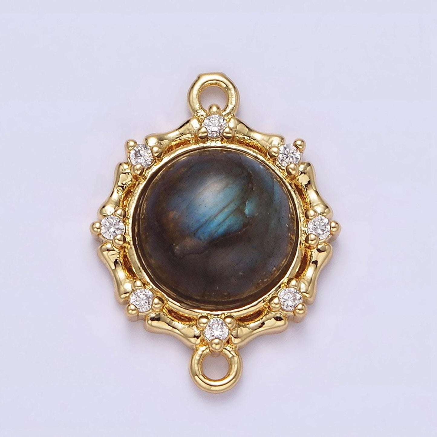 Gold filled malachite, labradorite stone with clear cz dotted outline round charm connector for bracelet link connector g-670 g-671