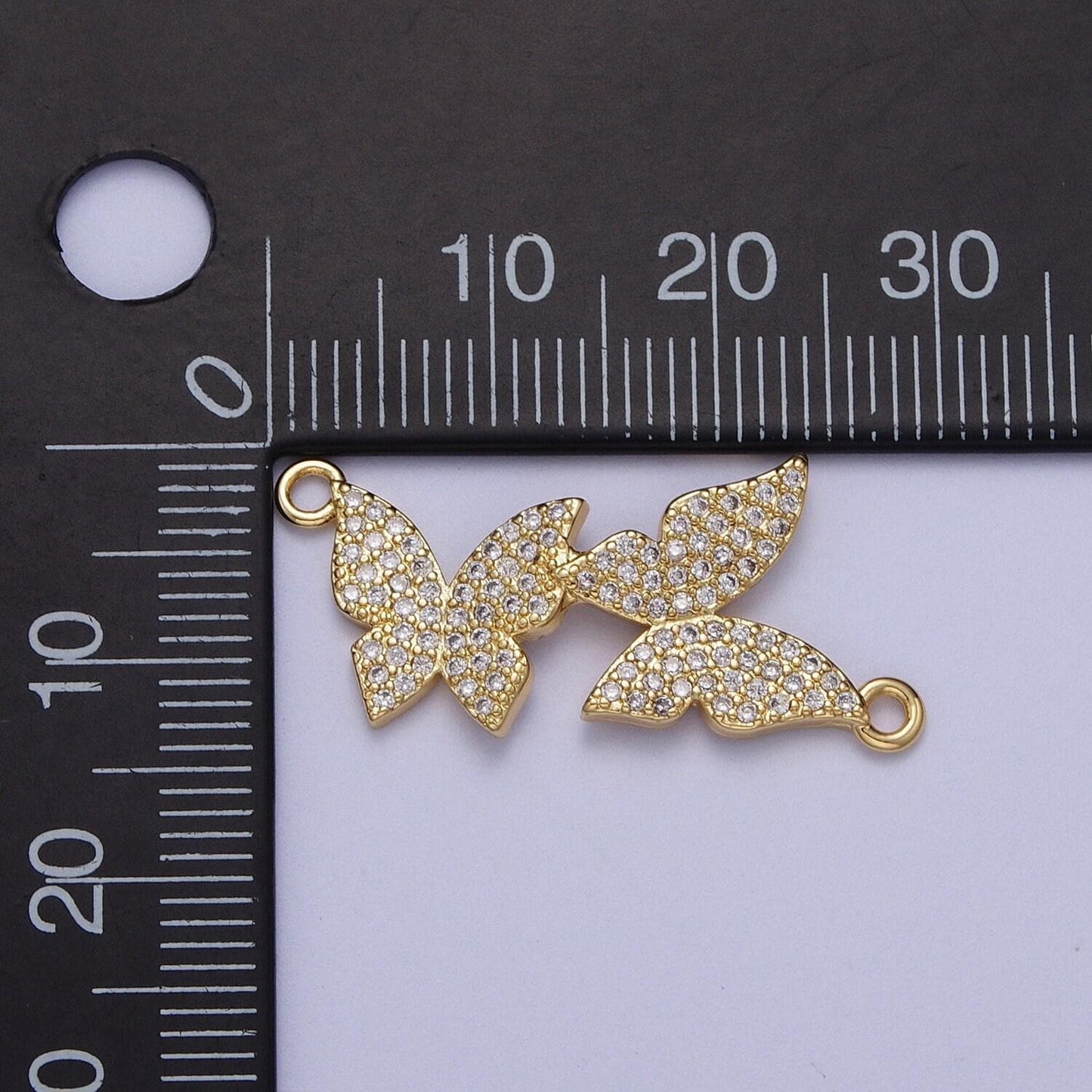 Gold cz double butterflies charm connector, 14k gold plated clear micro paved cz rotated mariposa butterfly link connector | g-565