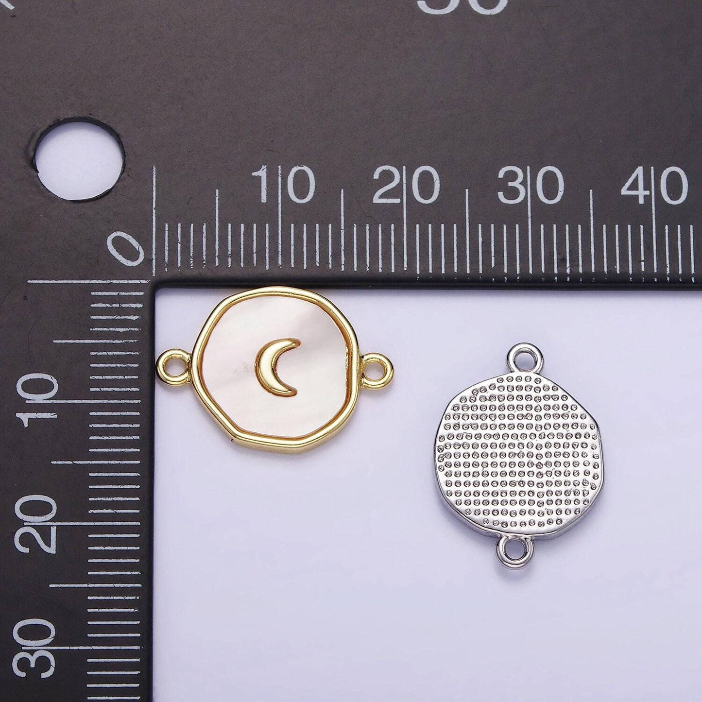 14k gold filled round coin crescent moon charm connector shell pearl link connector | g-285