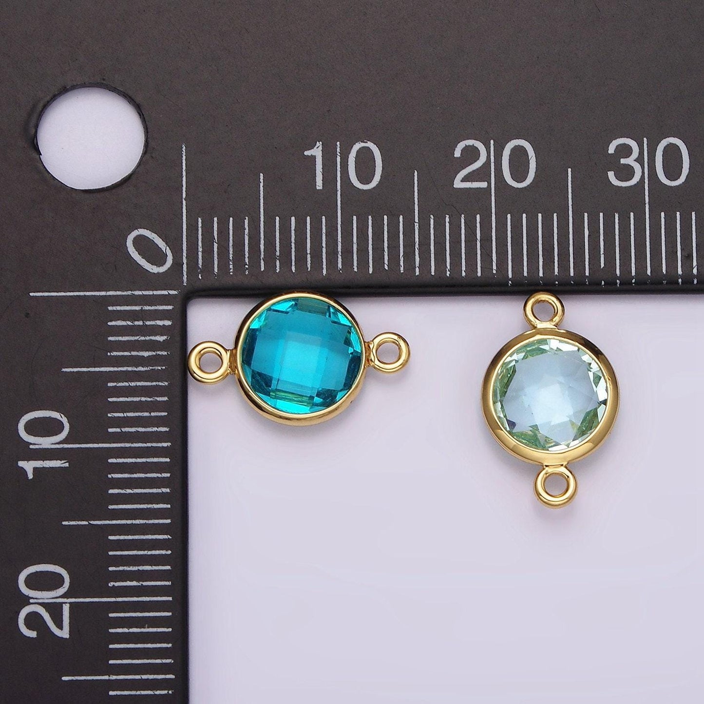 14k gold filled baby blue, cyan blue multifaceted birthstone cz bezel connector in gold & silver | g265 - g266