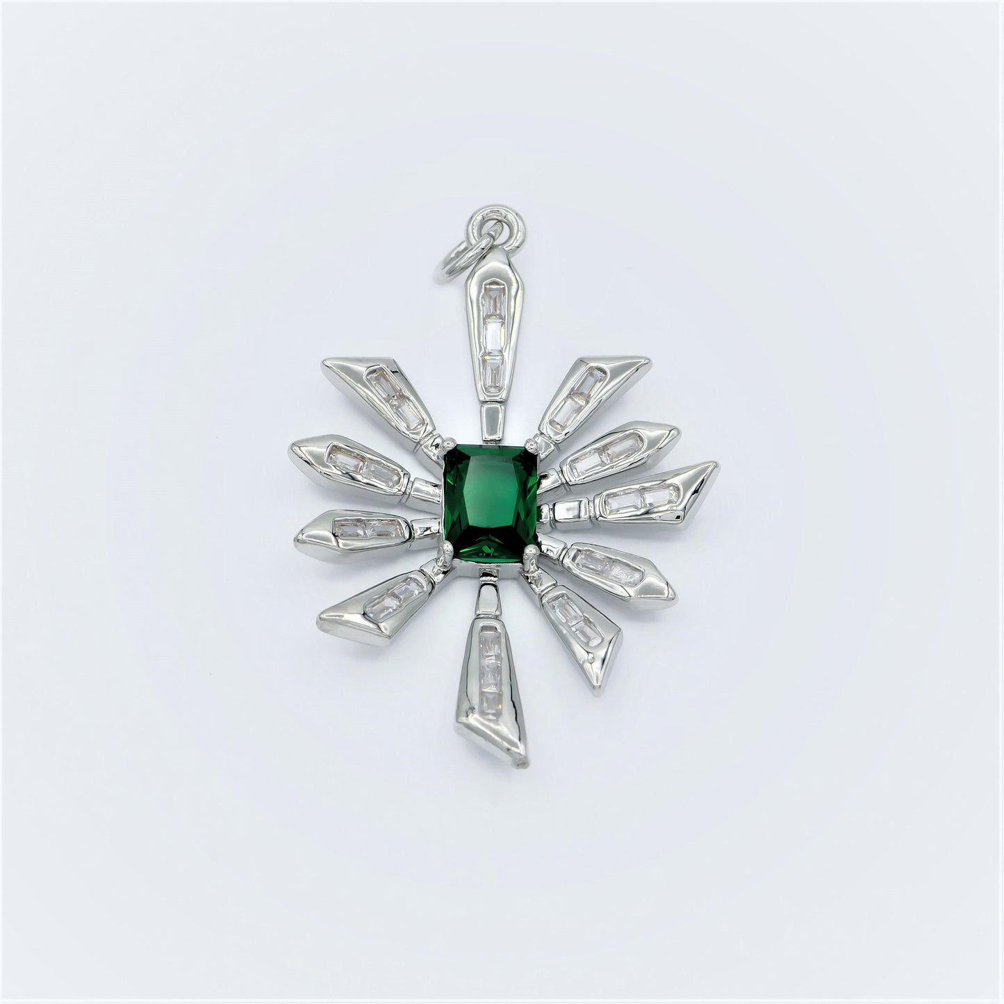 Gold flower baguette cz green solitaire cz charm, star zirconia pendant, daisy cubic pave for diy craft making. chgf-2167