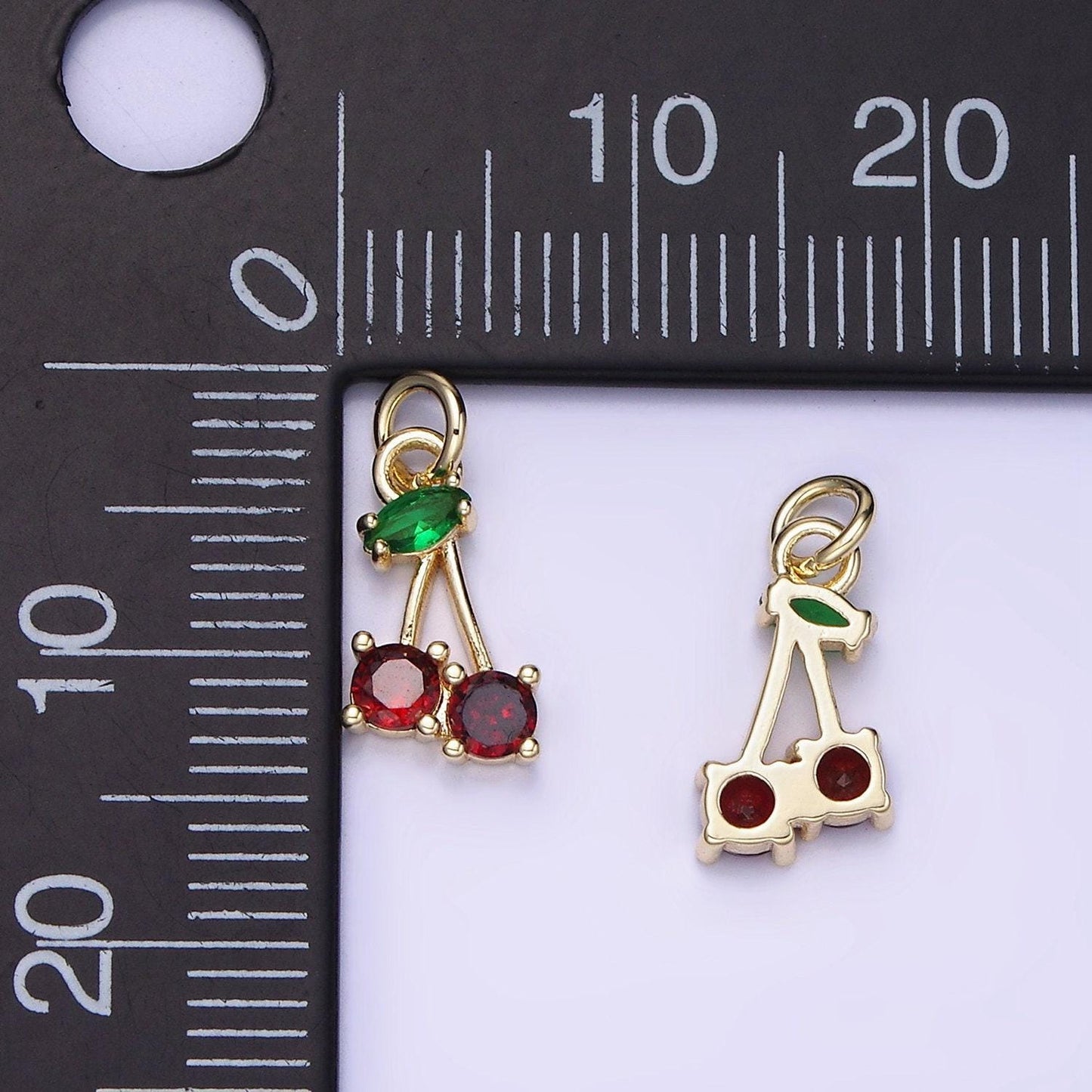 18k gold filled red cherry marquise leaf cz fruit add-on charm | ac1436 ag680