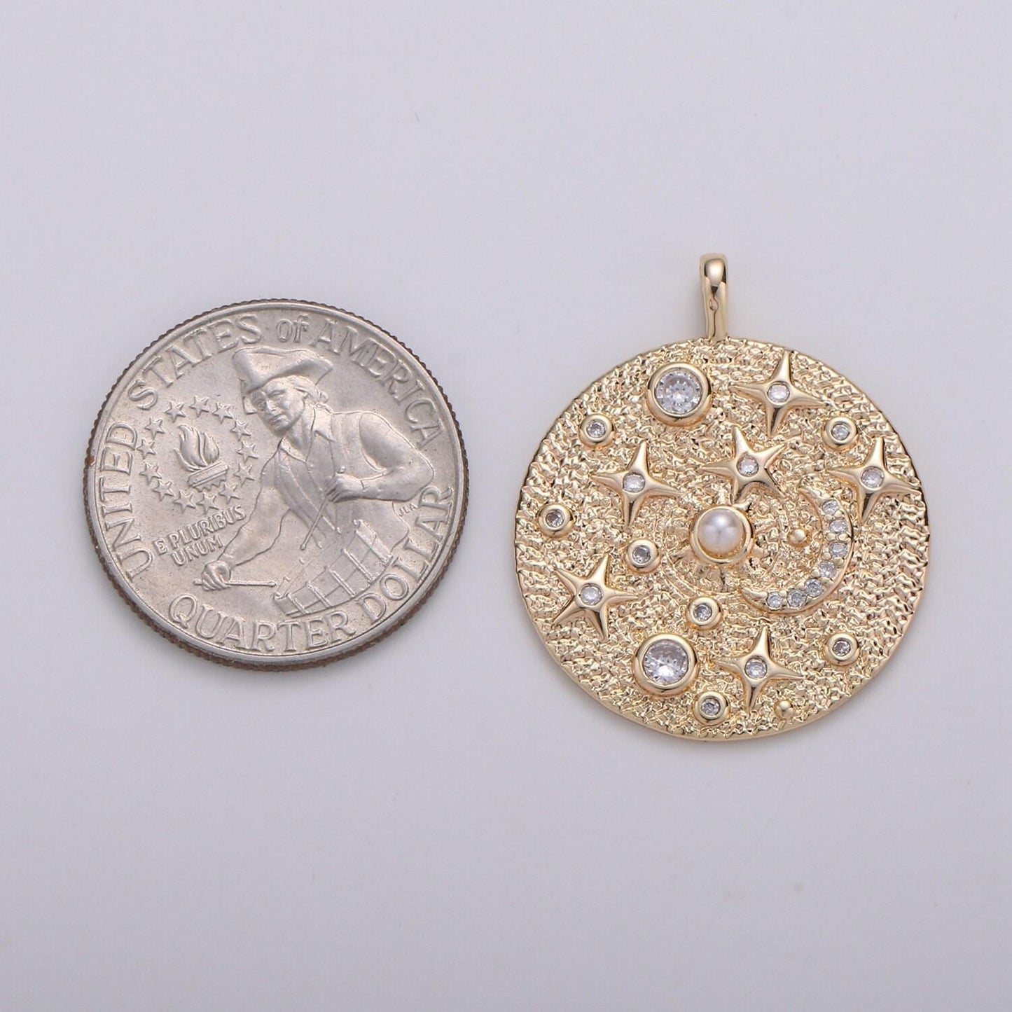 Pearl and micro pave cz planet in the universe round pendant 14k gold charm,star,cresent moon,galaxy,diy jewelry necklace making,1766,d-736