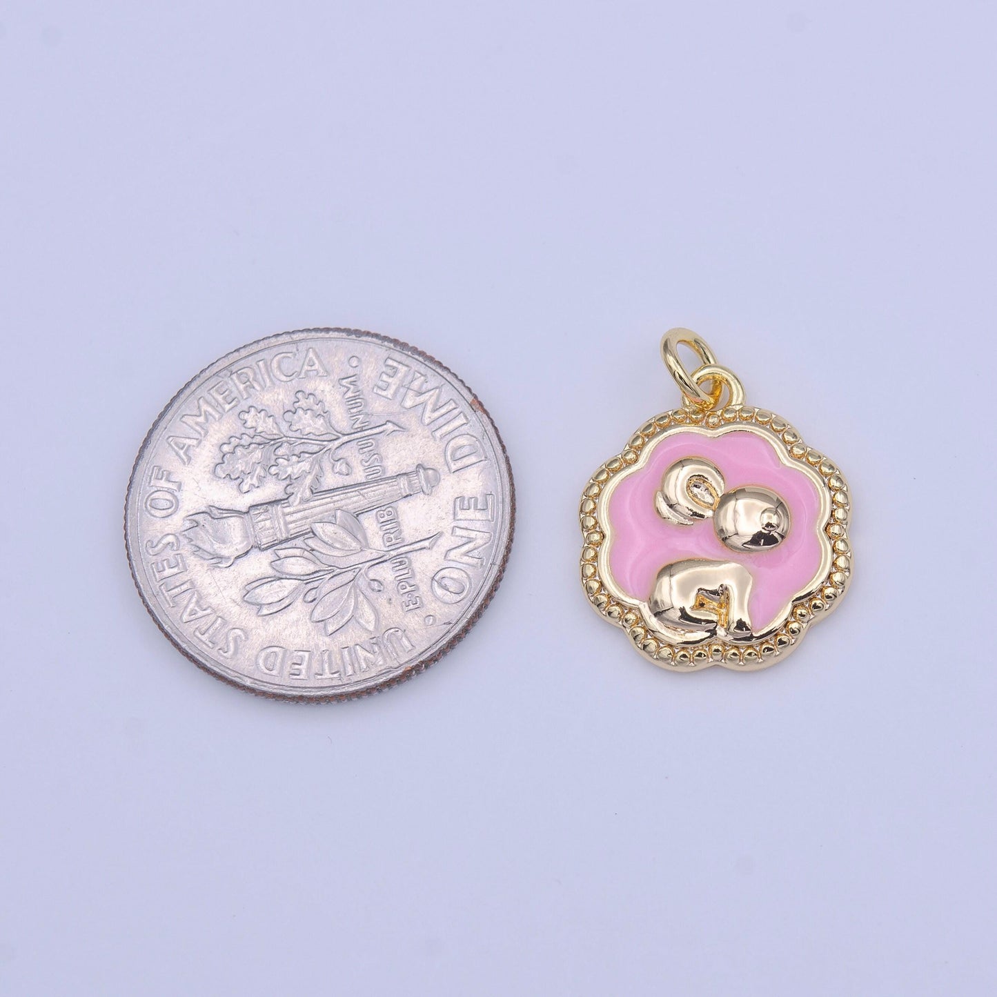 Gold bunny charm pink little rabbit pendant, 16k gold filled decorative edge cute bunny cloud bubble charm | c-595