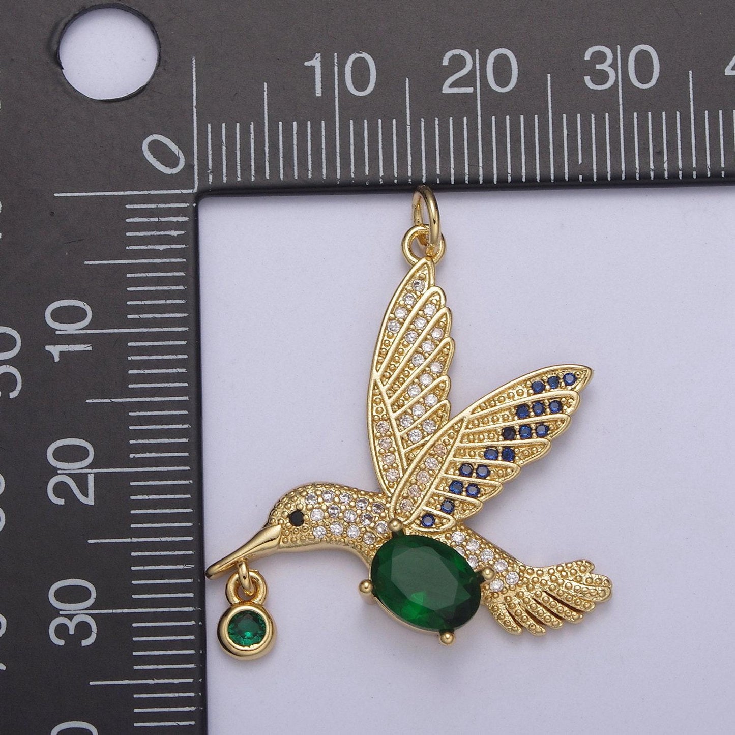 Gold hummingbird charm 24k gold filled humming bird pendant 36mmx28.1mm gold green cz animal jewelry
