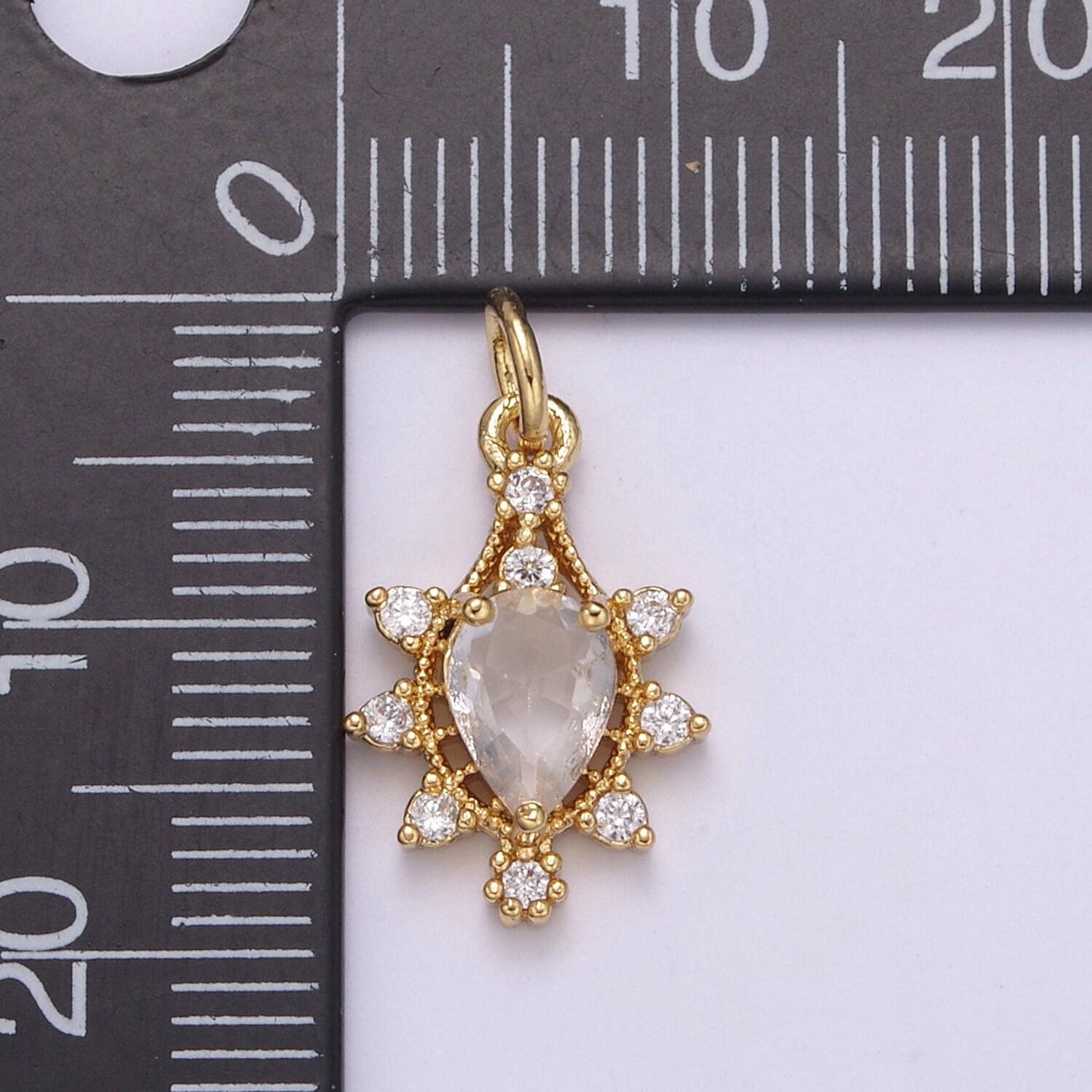 Gold flower pear cut cz green solitaire cz charm, tear drop clear zirconia pendant, classic cubic pave for diy craft making. c-202