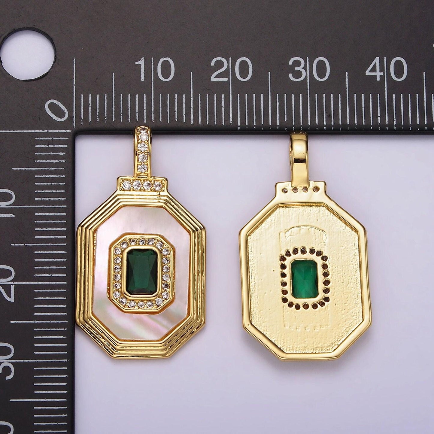 14k gold filled clear, green baguette shell pearl micro paved cz bail octagonal pendant | ah031 ah032
