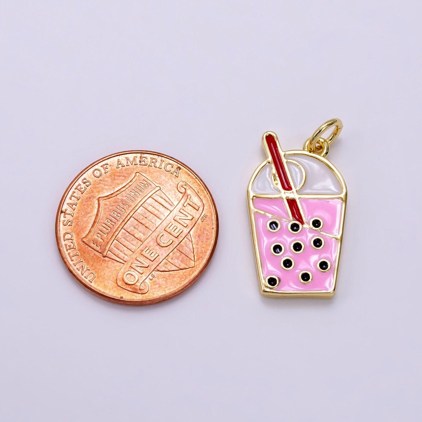 14k gold filled bubble boba drink pink enamel charm strawberry milk tea inspired asian kawaii charm | ag755