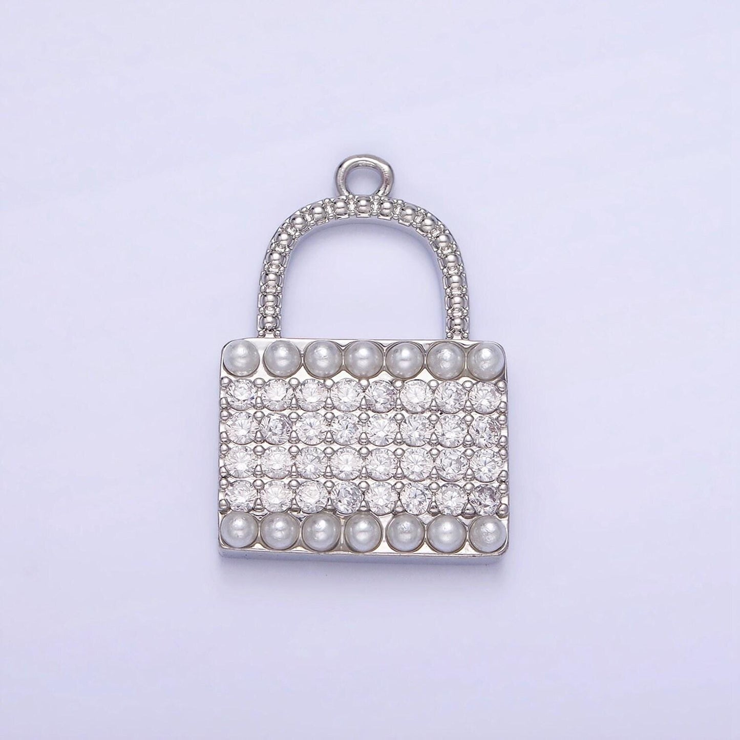 14k gold filled micro paved cz pearl lined padlock charm in gold & silver | ag-691