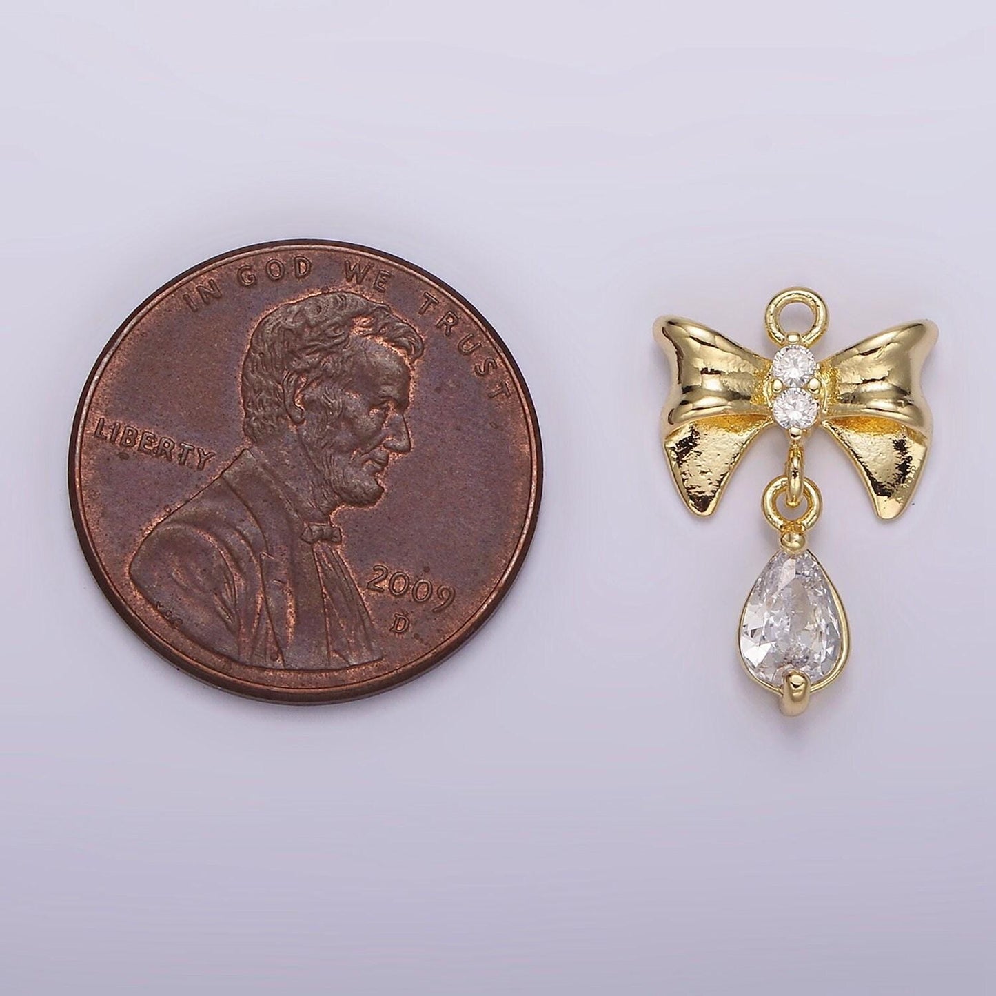 Mini 14k gold filled ribbon bow charm with tear drop micro paved cz charm for earring necklace bralcet component | ag615