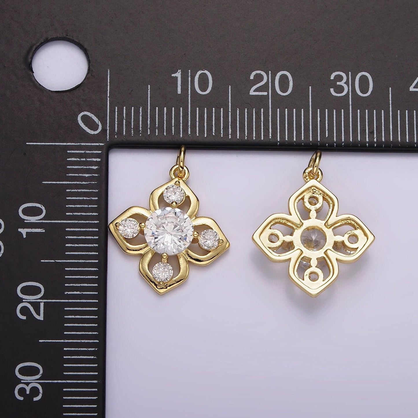 Gold flower clear cz antique artisan quatrefoil clover charm pendant floral charm | ag599