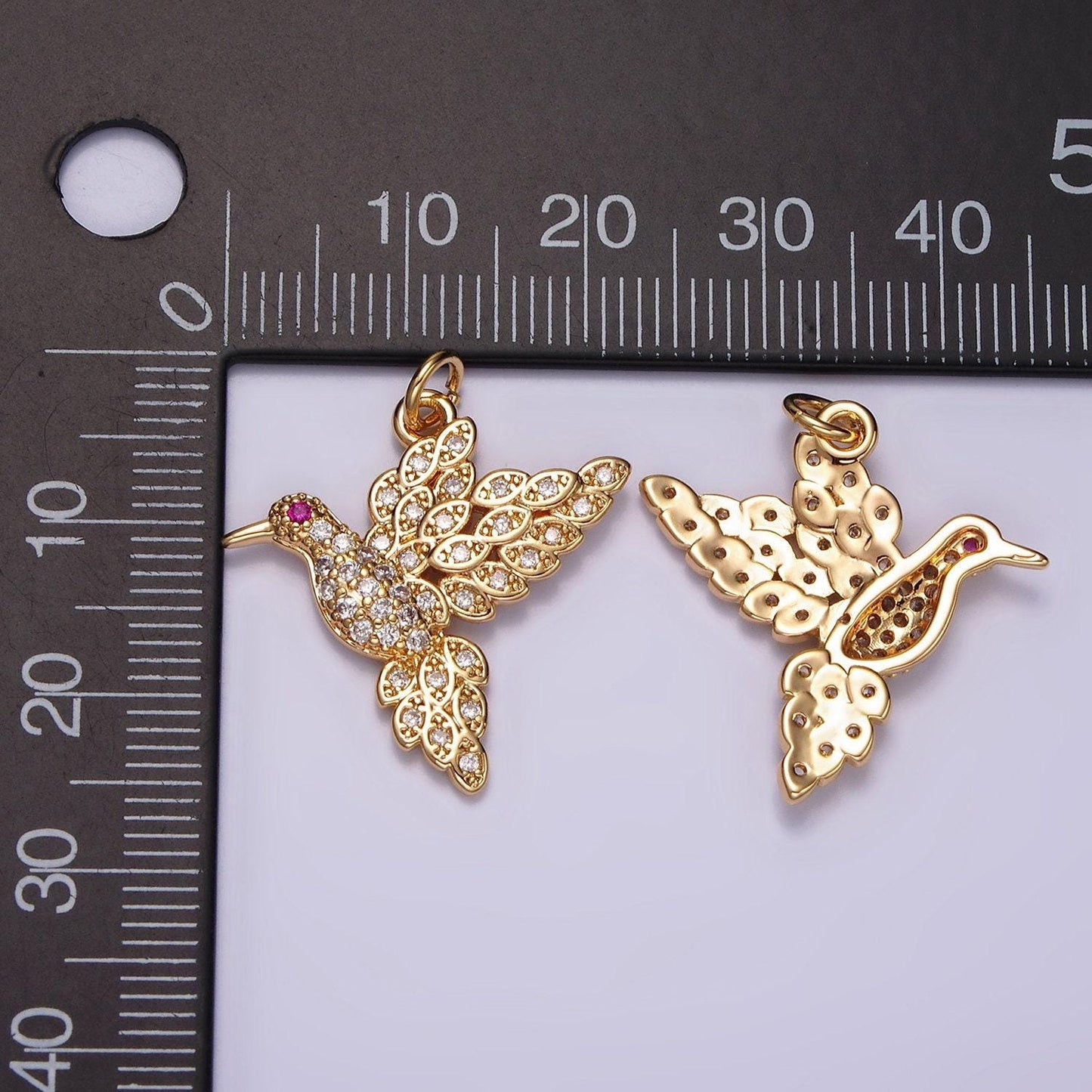 14k gold filled fuchsia-eyed bird animal micro paved cz charm | ag458