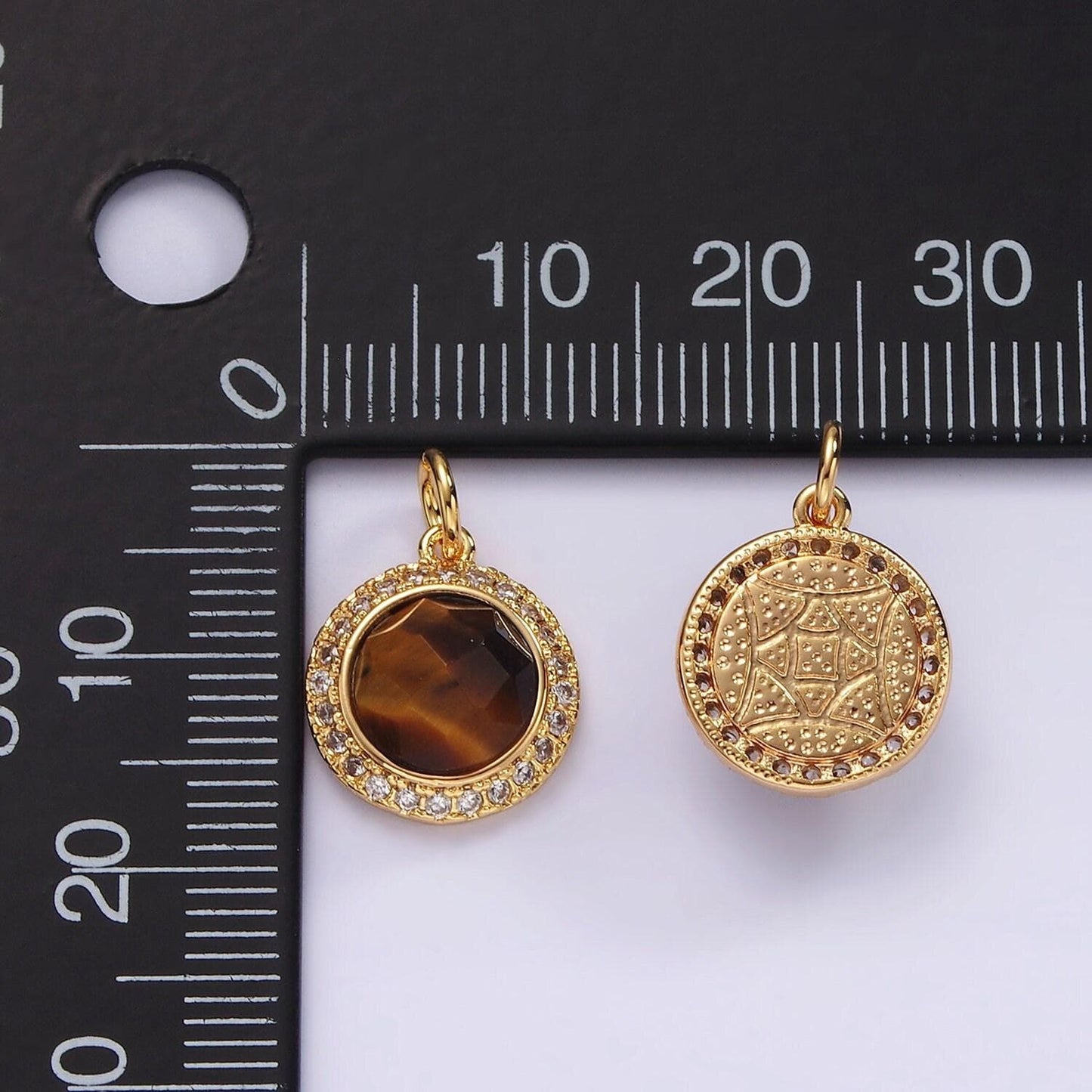 14k gold filled 12mm natural gemstone multifaceted micro paved cz round charm | ag462 - ag470