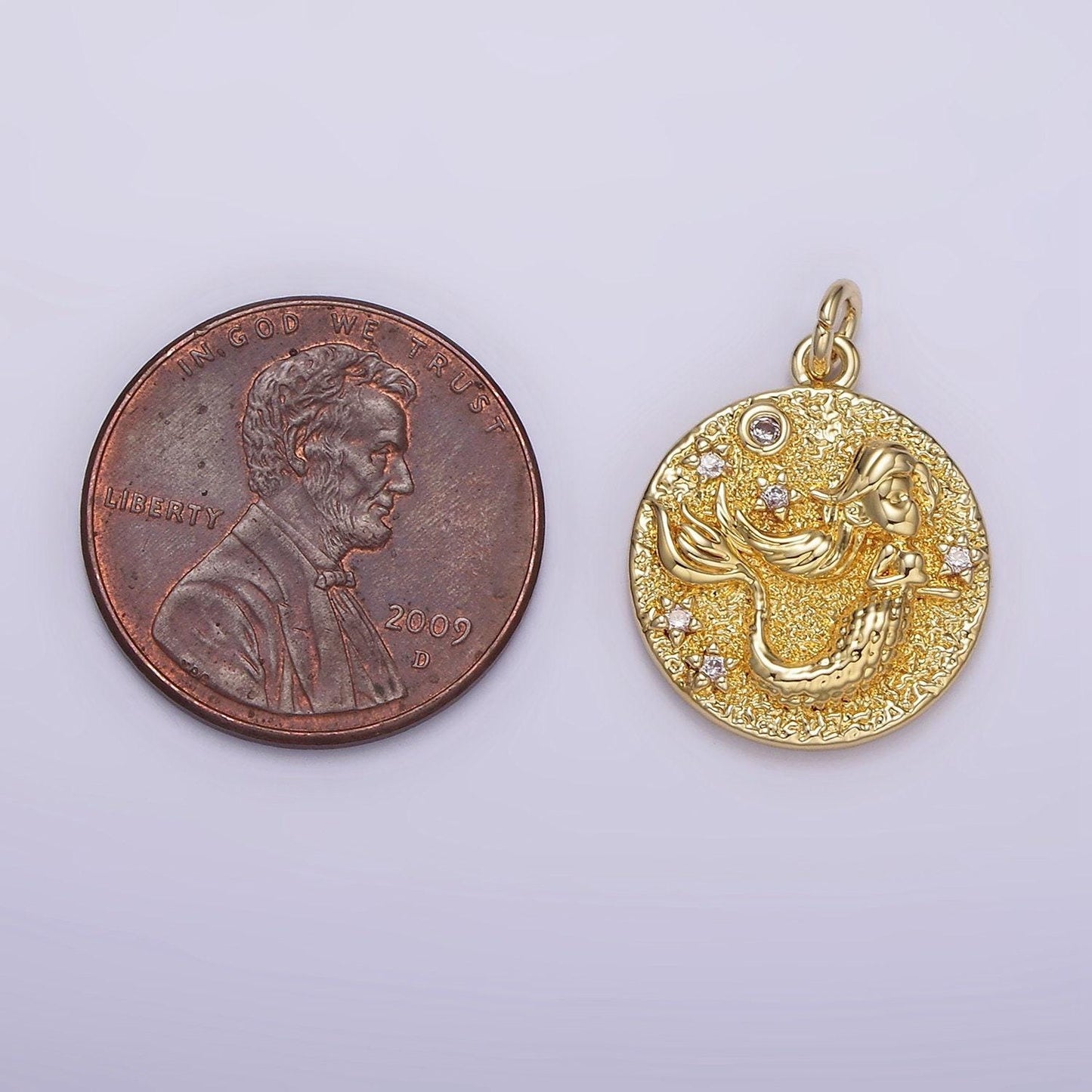 14k gold filled round medallion mermaid under the sea cz rustic round charm | ag266