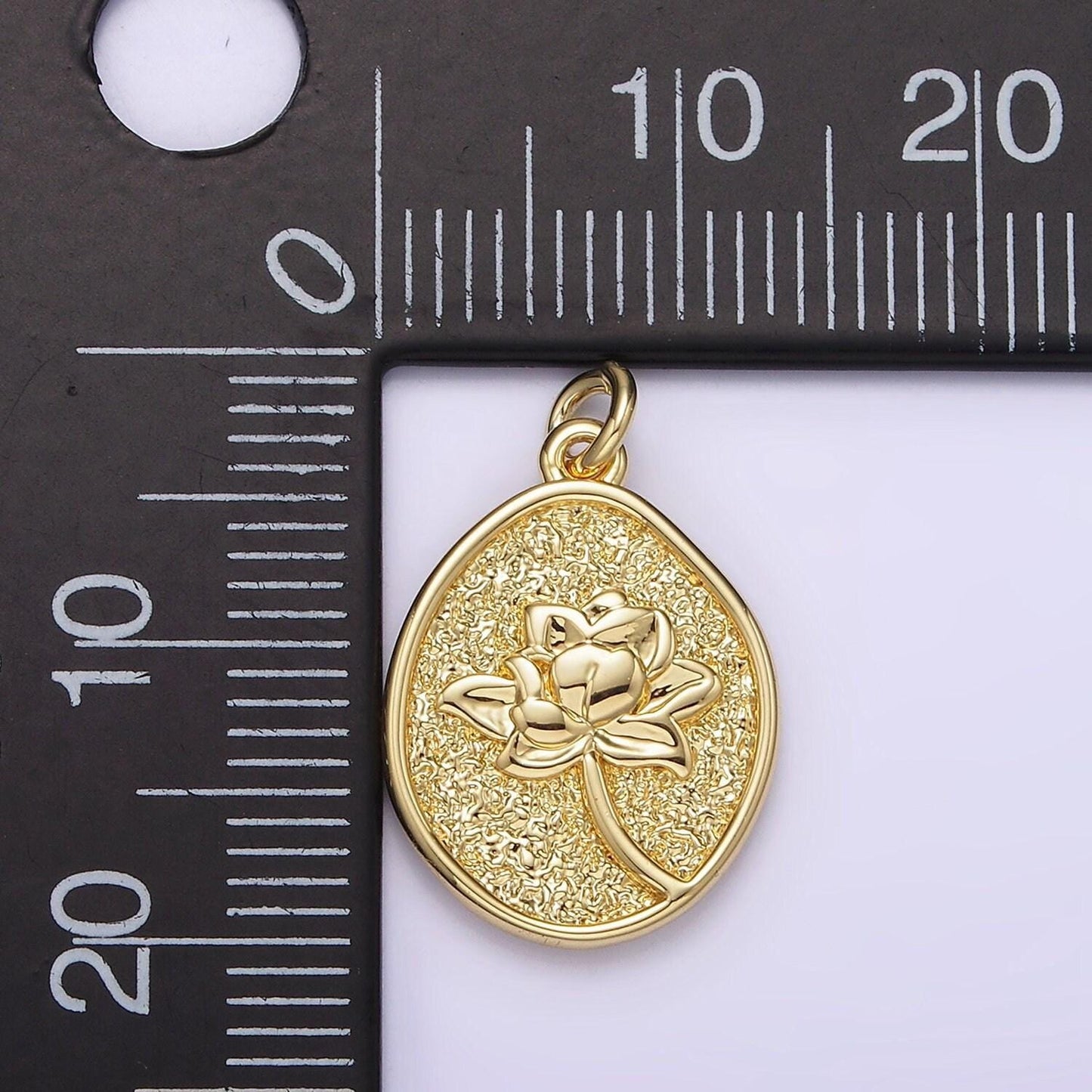 14k gold filled waterlily july birth flower hammered stamped personalized double sided charm | ag260