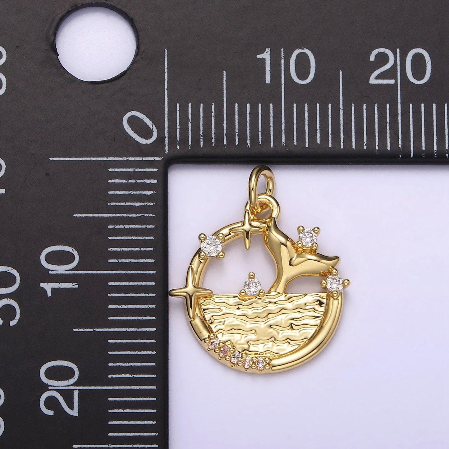 14k gold filled round medallion mermaid tail under the sea cz coin round charm | ag212