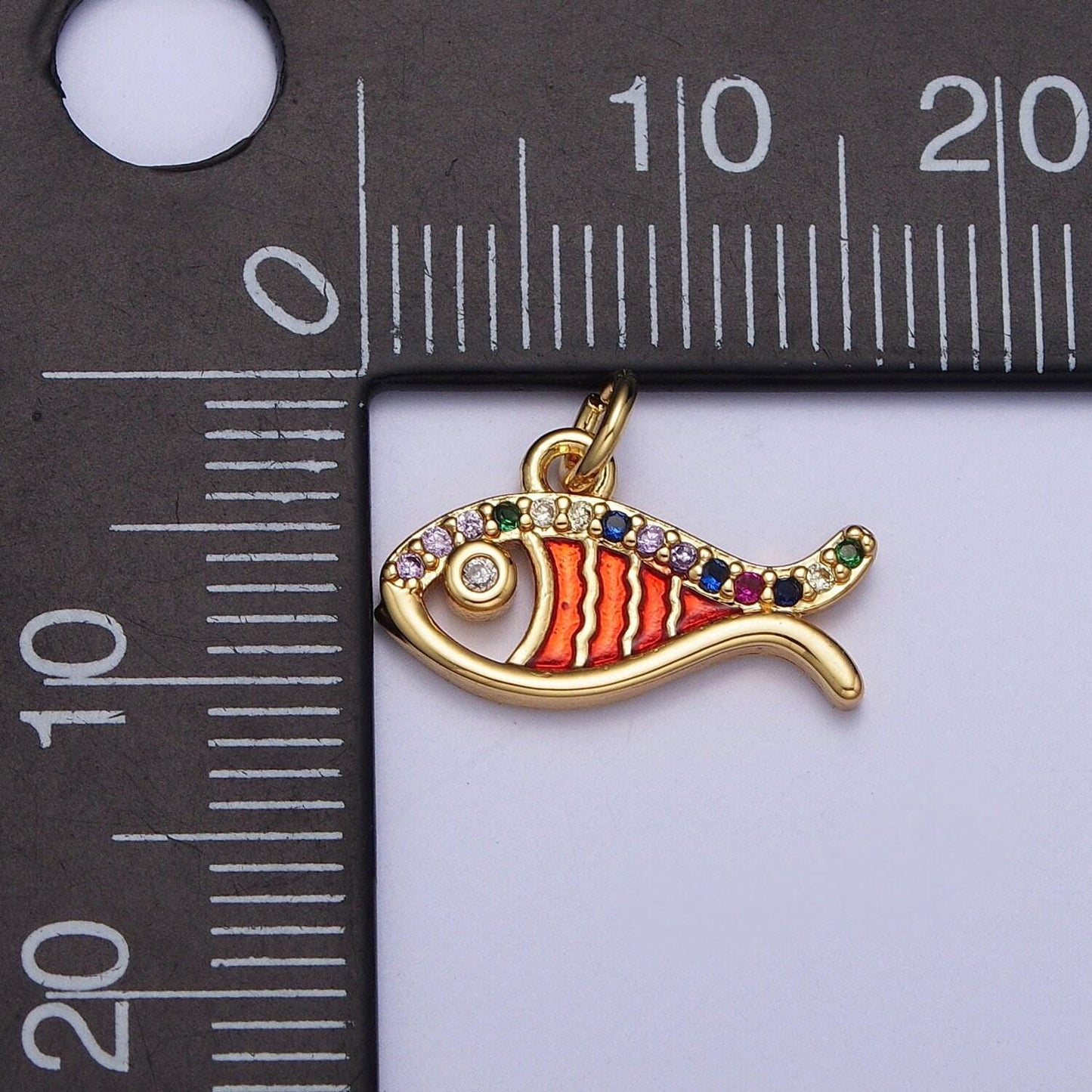 Dainty gold cz fish charm, micro colorful cz paved sea life fish pendant, sea animal beach life charm | ag112