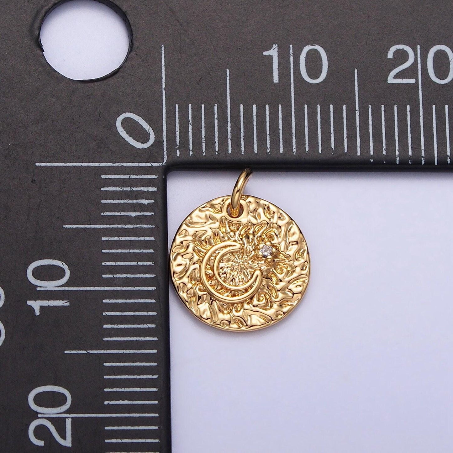 Gold hammered crescent moon pendant, 16k gold plated rustic cz star coin medallion charm | ac229
