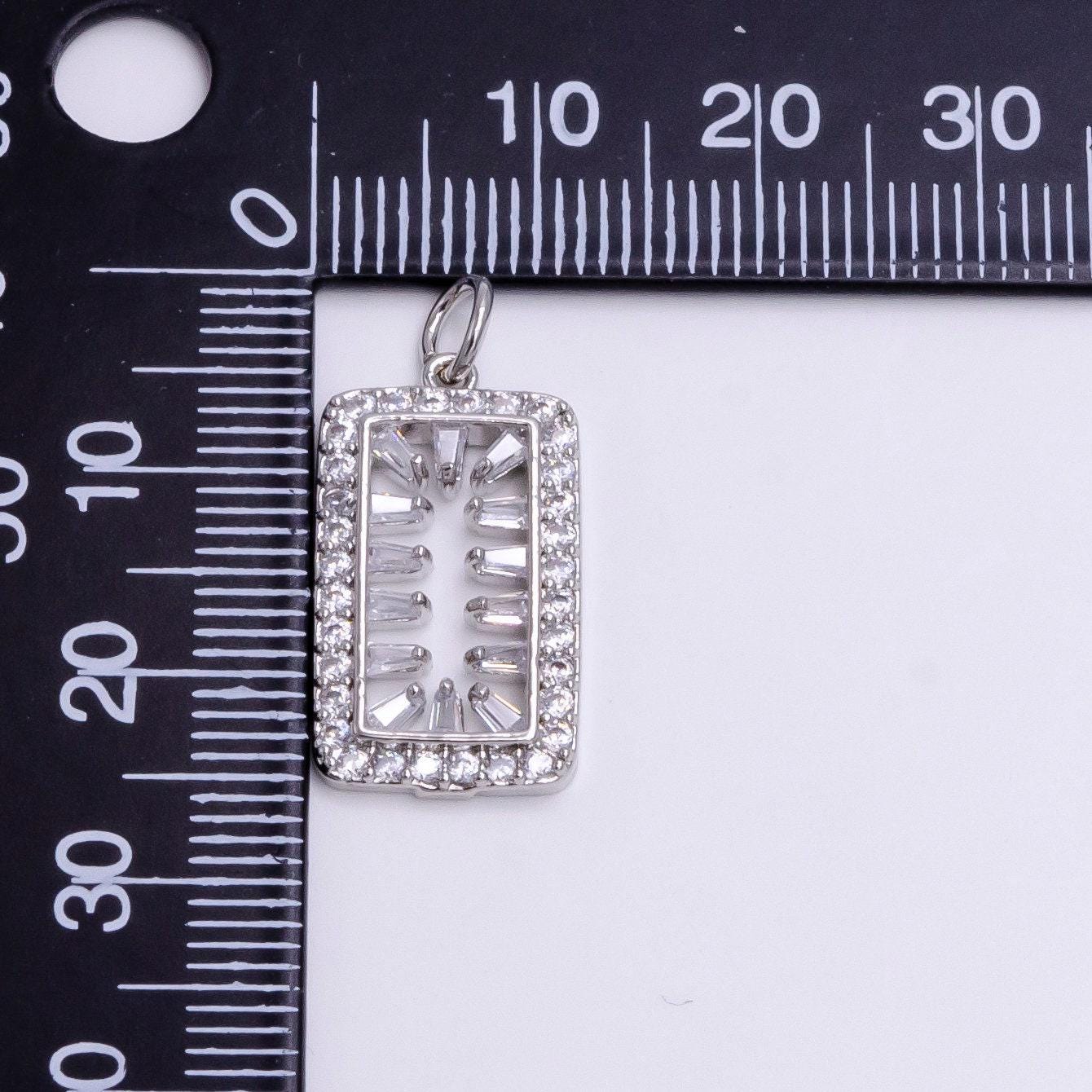 Silver clear cz baguette open micro paved tag rectangular charm | ac1452