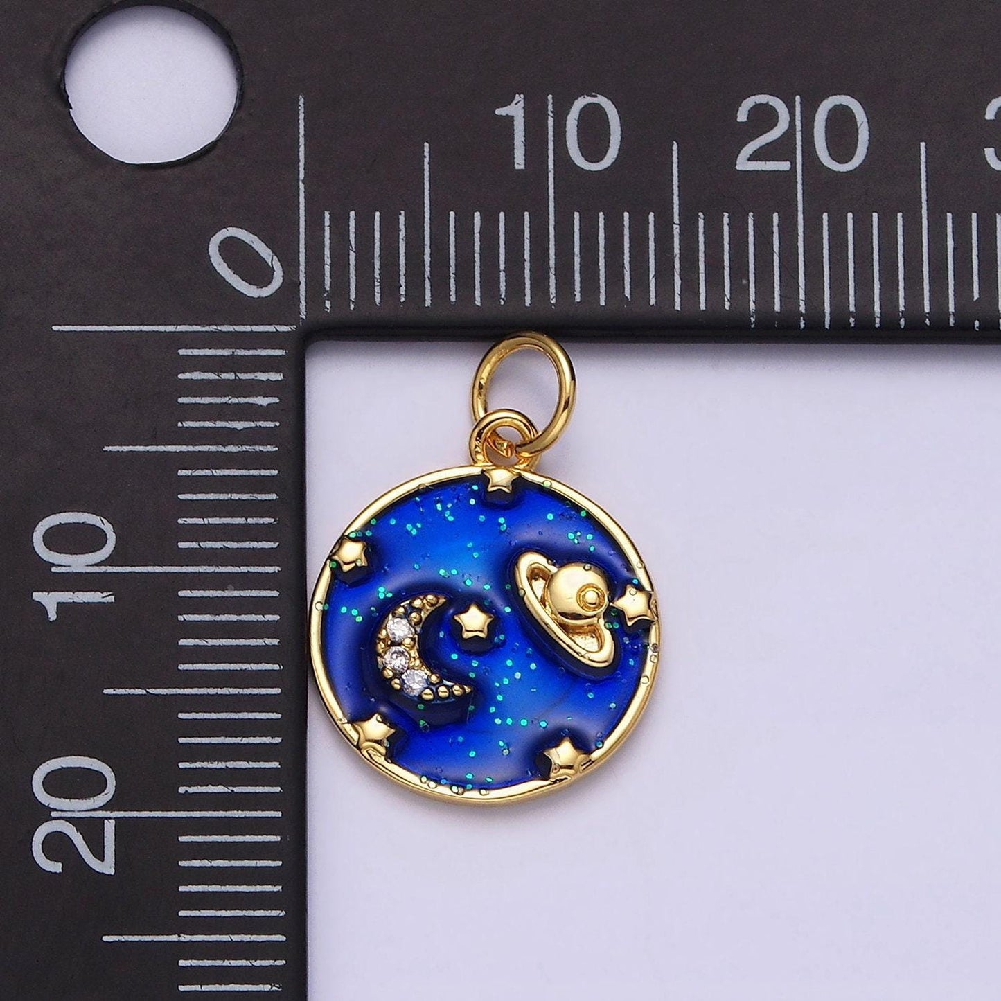 14k gold filled blue, multicolor cotton candy pink enamel galaxy celestial planet stars round charm | ac1412 ac1413