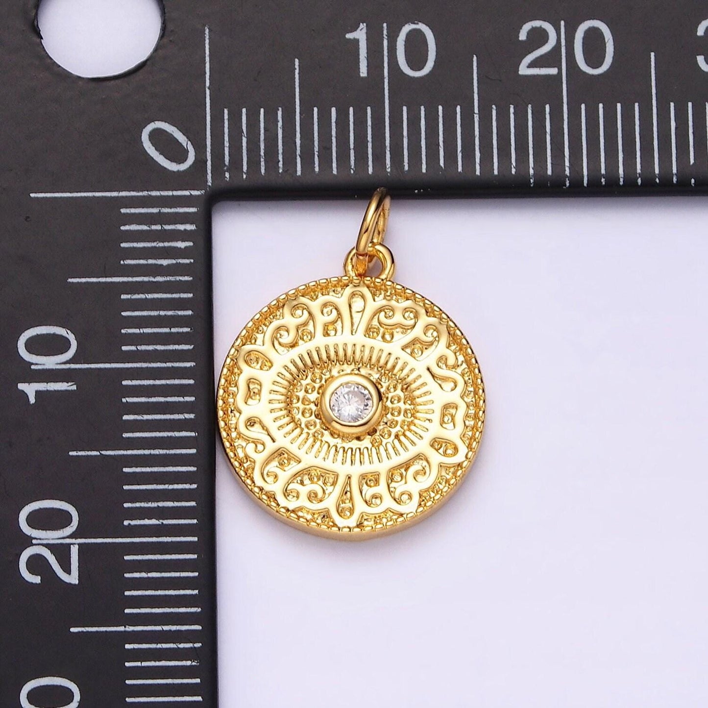 14k gold filled clear cz evil eye artisan textured round charm | ac1299