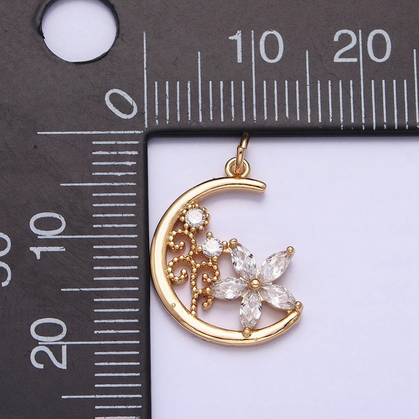 Mini gold crescent moon charm, cubic zirconia flower pendant charm, celestial charm necklace earring bracelet diy jewelry ac1209