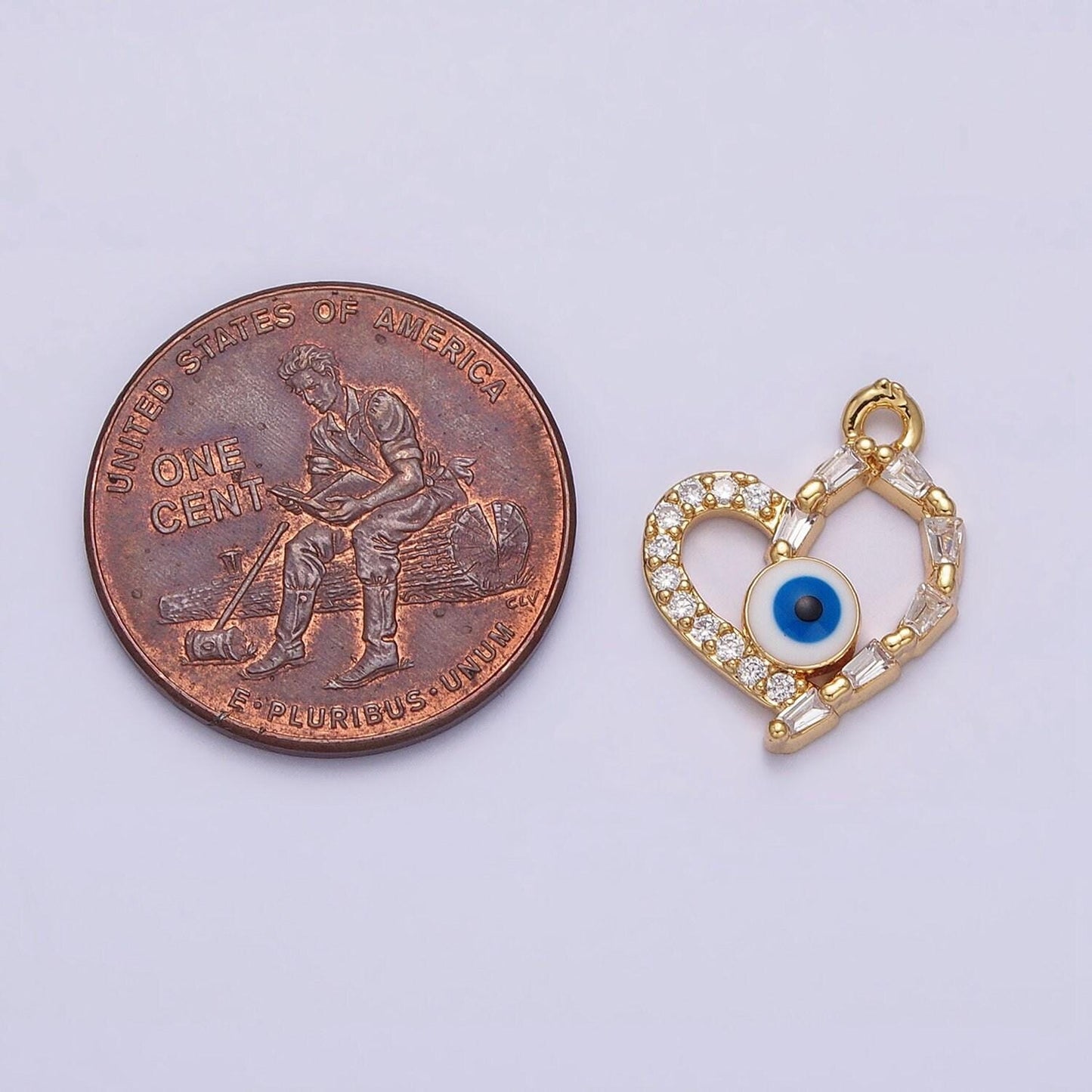 16k gold filled evil eye enamel micro paved baguette cz open heart charm | ac1137