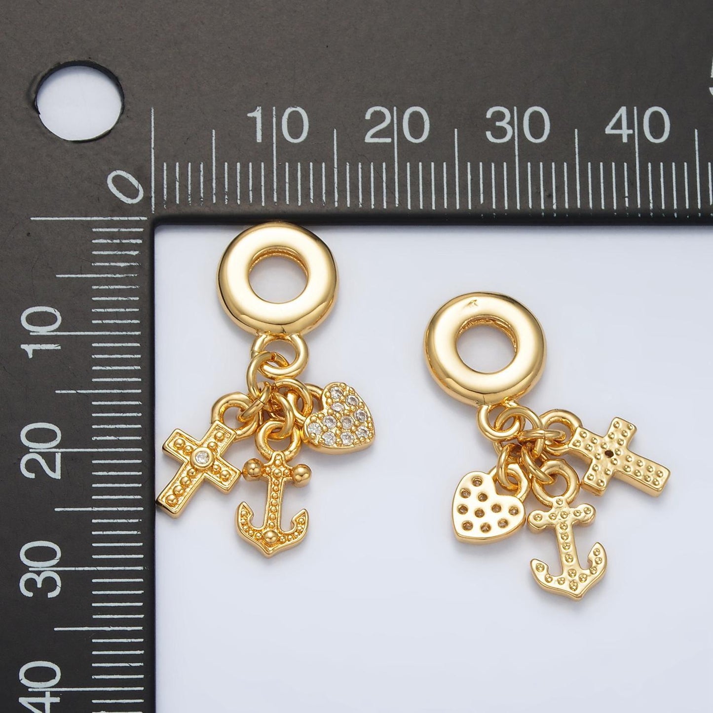 24k gold filled cross/anchor/heart cz paved rondelle bail drop | ac-089