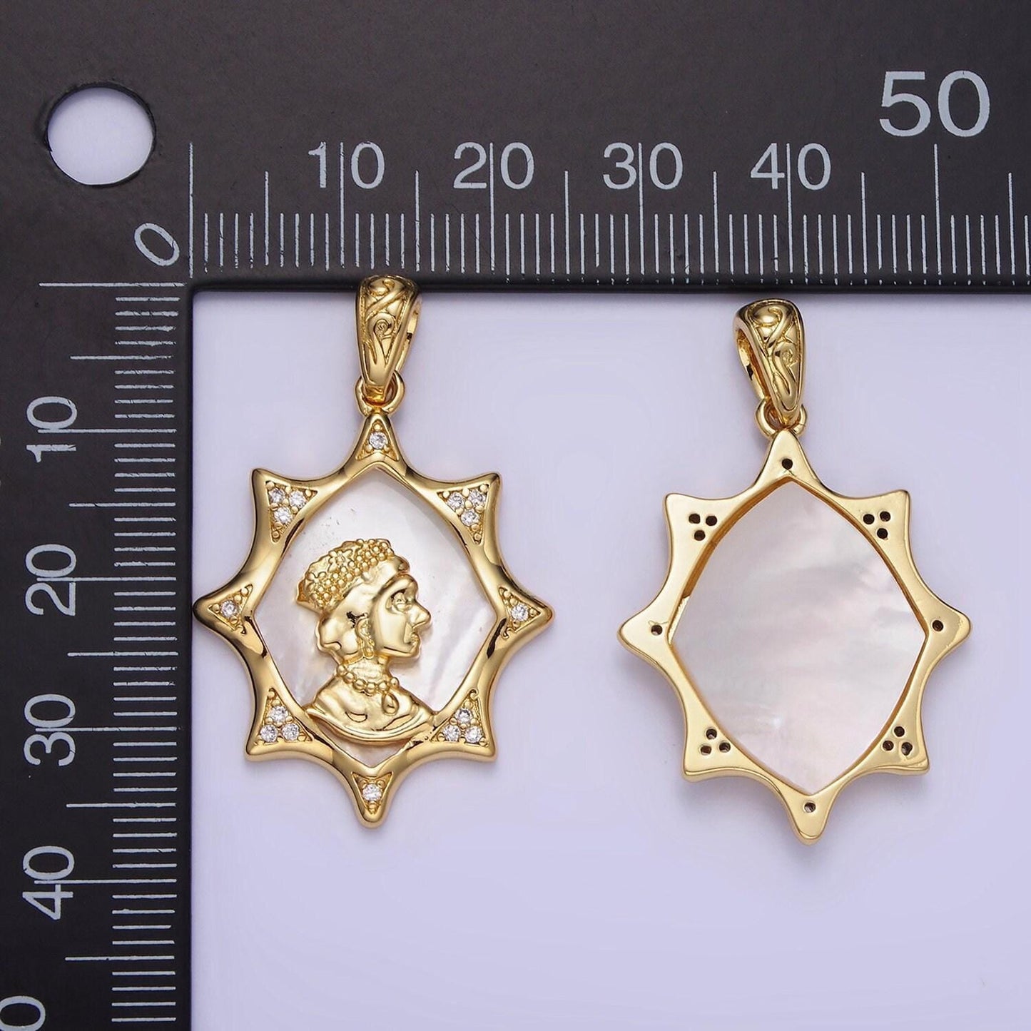 14k gold filled sun pendant with queen women on pearl background | aa-1130