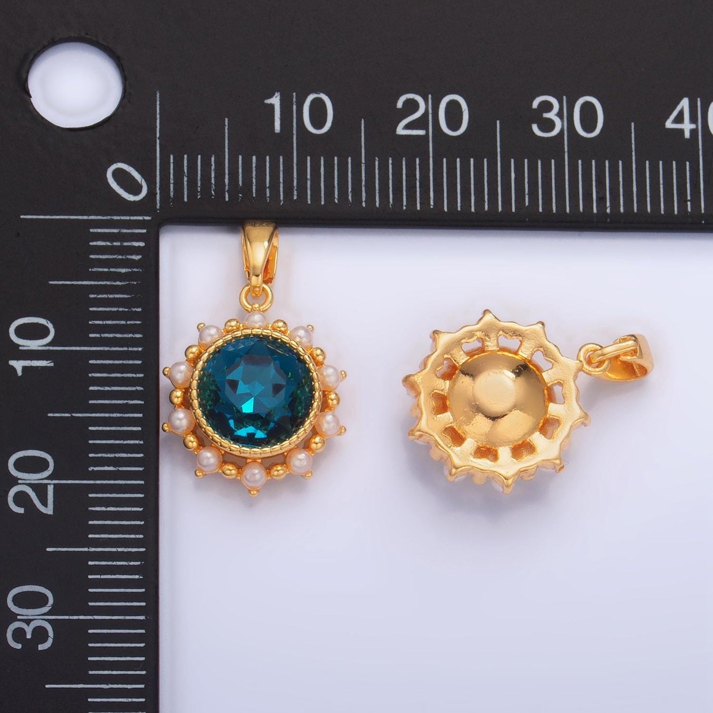 Blue cz round bezel shell pearl 24k gold filled pendant | aa-1013