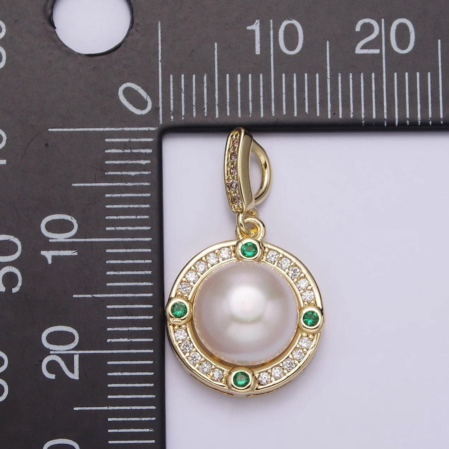 14k gold filled round shell pearl green cz clear micro paved cz bail pendant | aa631