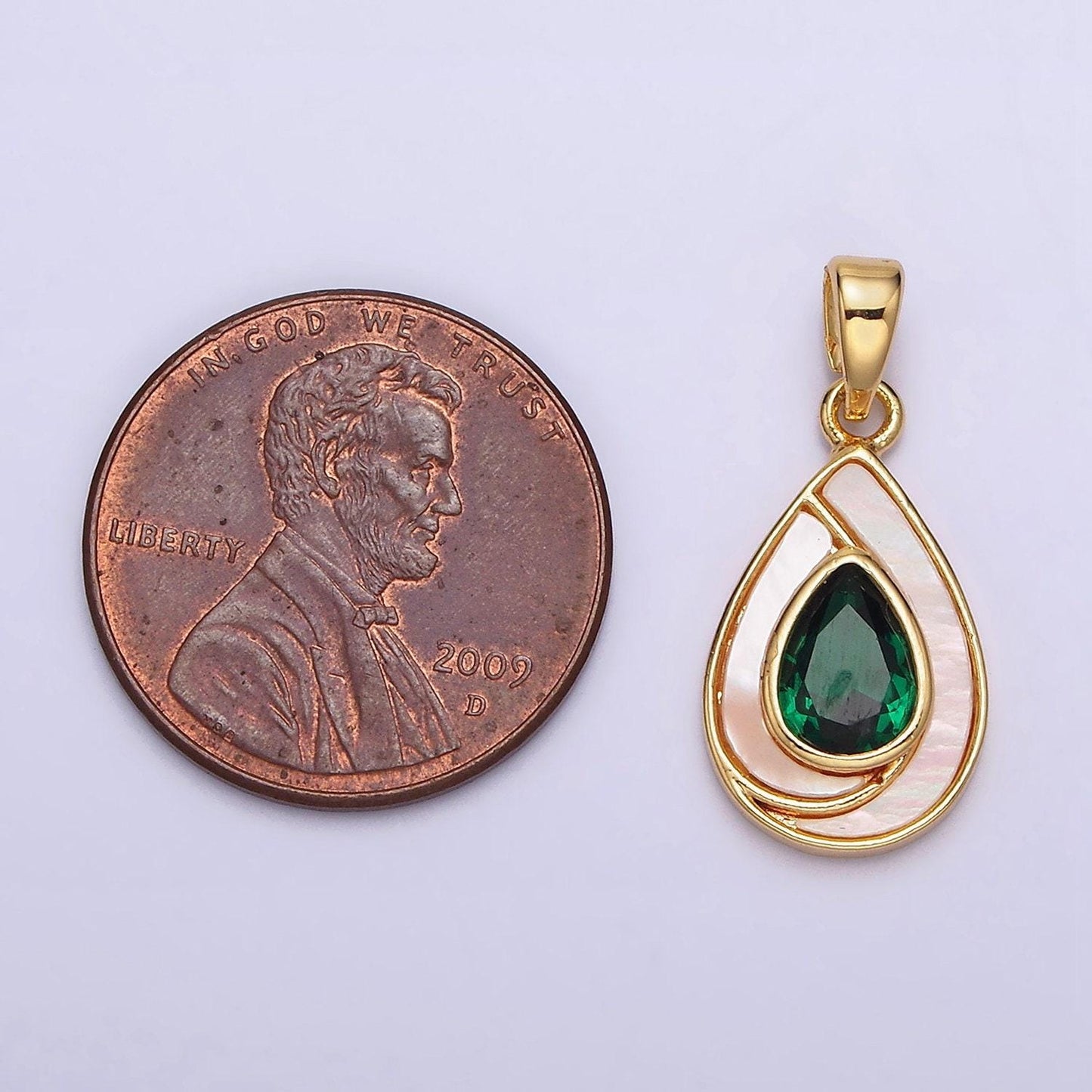 24k gold filled green teardrop cz shell pearl lined pendant | aa579