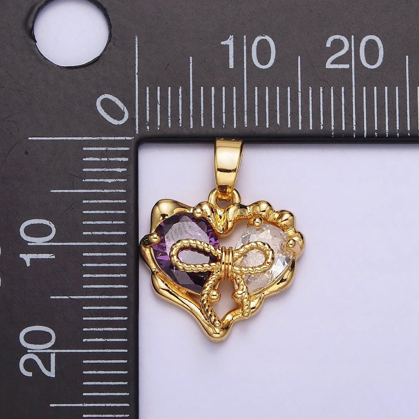 24k gold filled purple pink teardrop cz ribbon tied molten drip abstract heart pendant | aa569