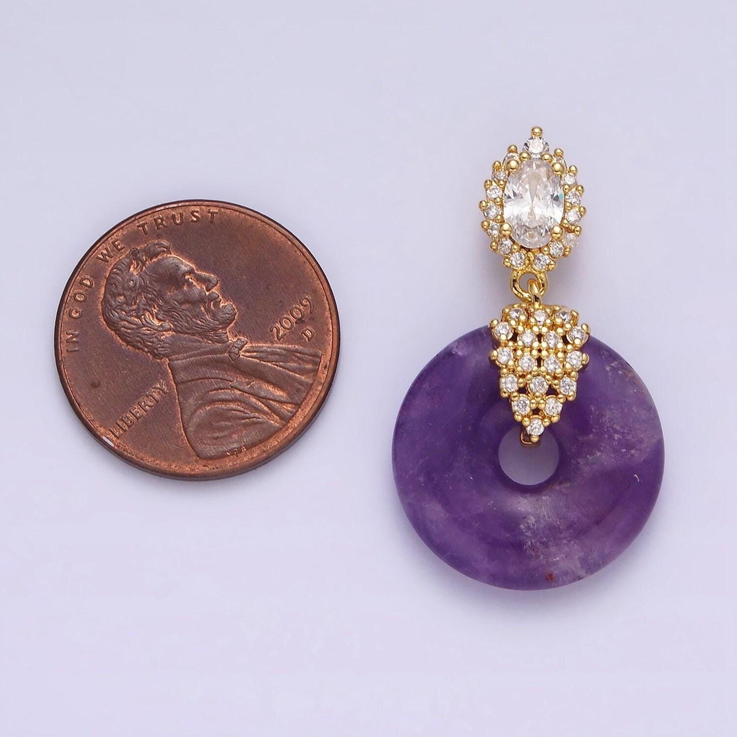 14k gold filled amethyst natural gemstone donut micro paved cz oval artisan bail pendant | aa541