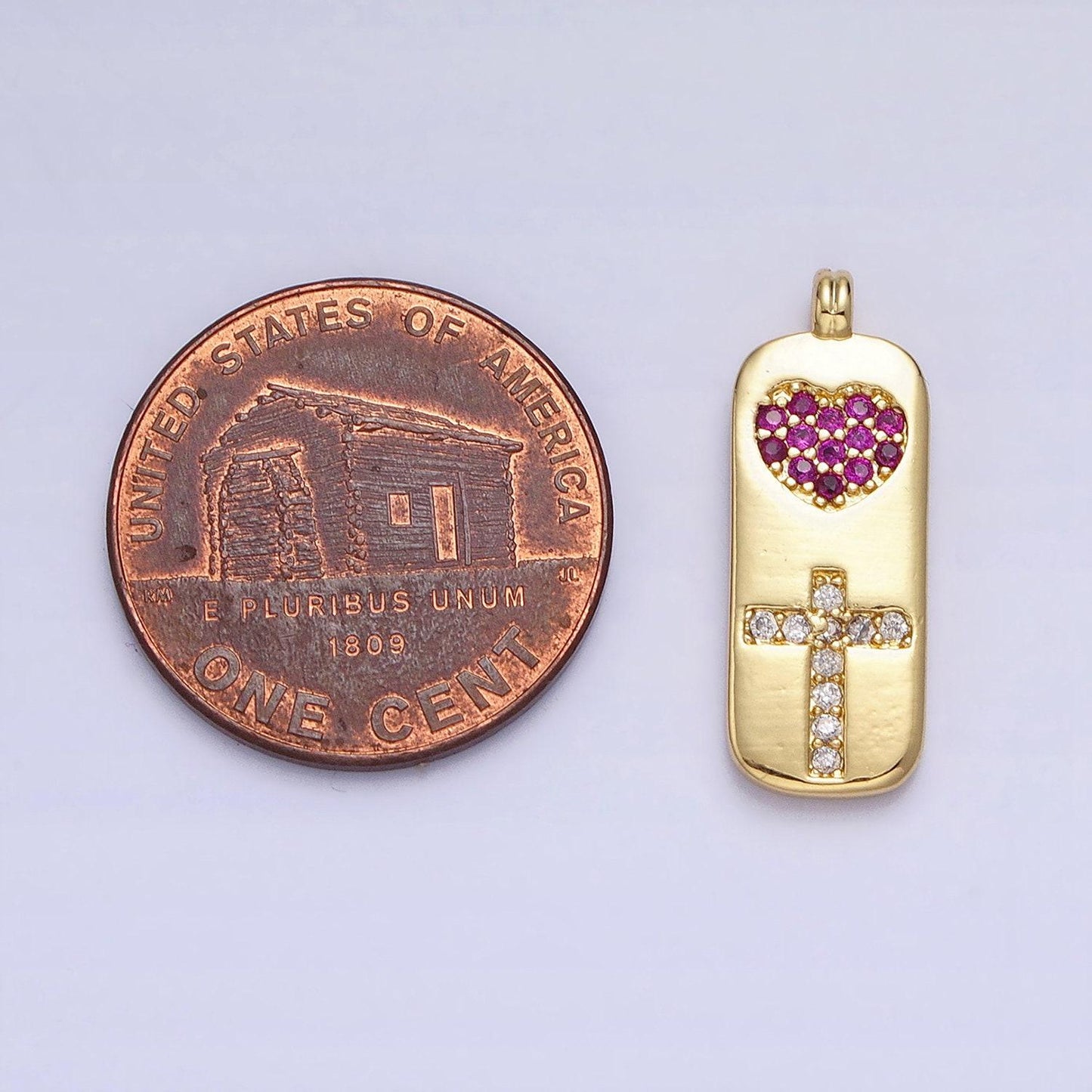 Fuchsia heart with clear cz cross in gold tag charm for dangle religious jewelry supply aa237
