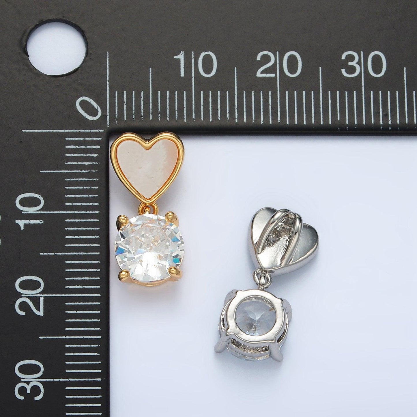 24k gold filled cz drop shell pearl, heart back loop pendant in gold & silver | aa-1512