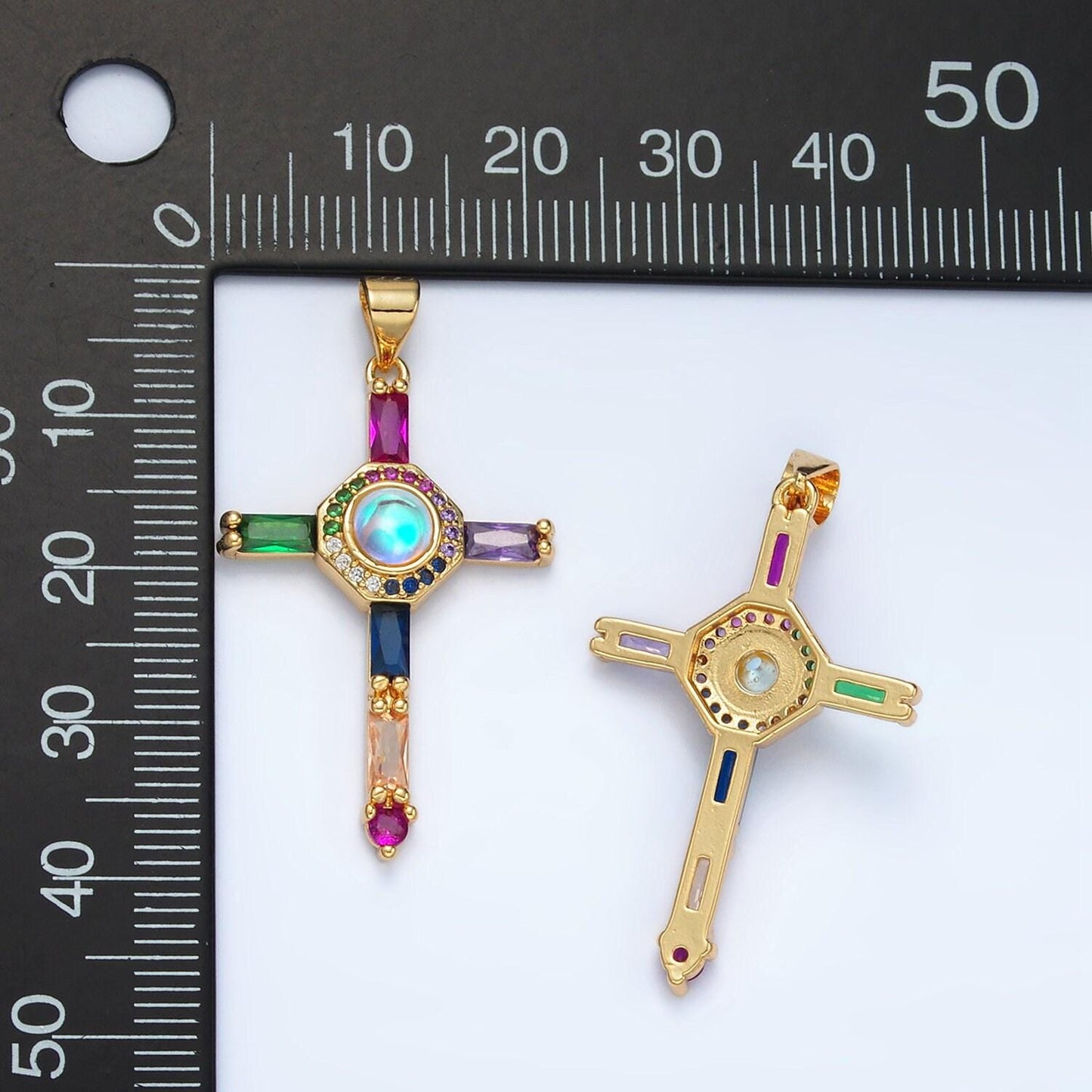 24k gold filled rainbow baguette micro paved cz cross pendant for religious jewelry necklace charm | aa1365
