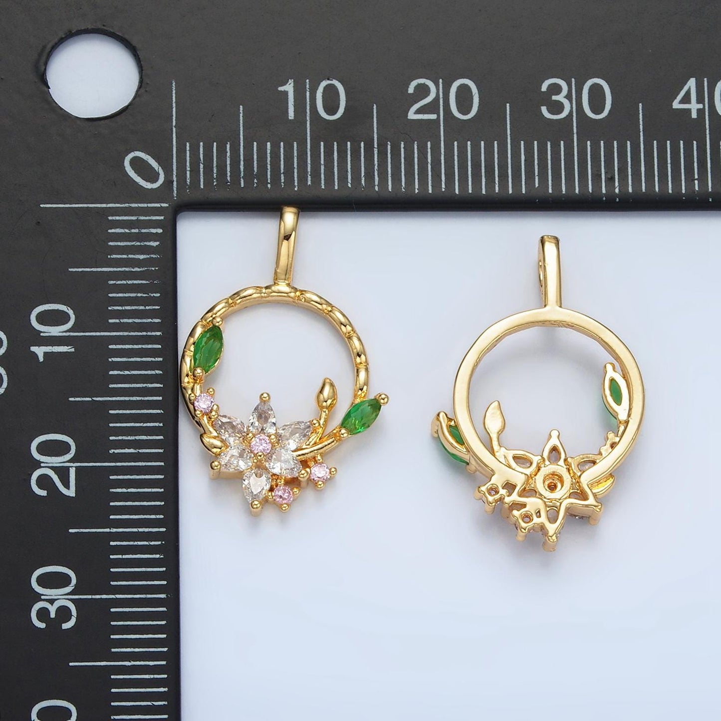 Round open leaf & flower cz wreath 24k gold filled charm aa-128
