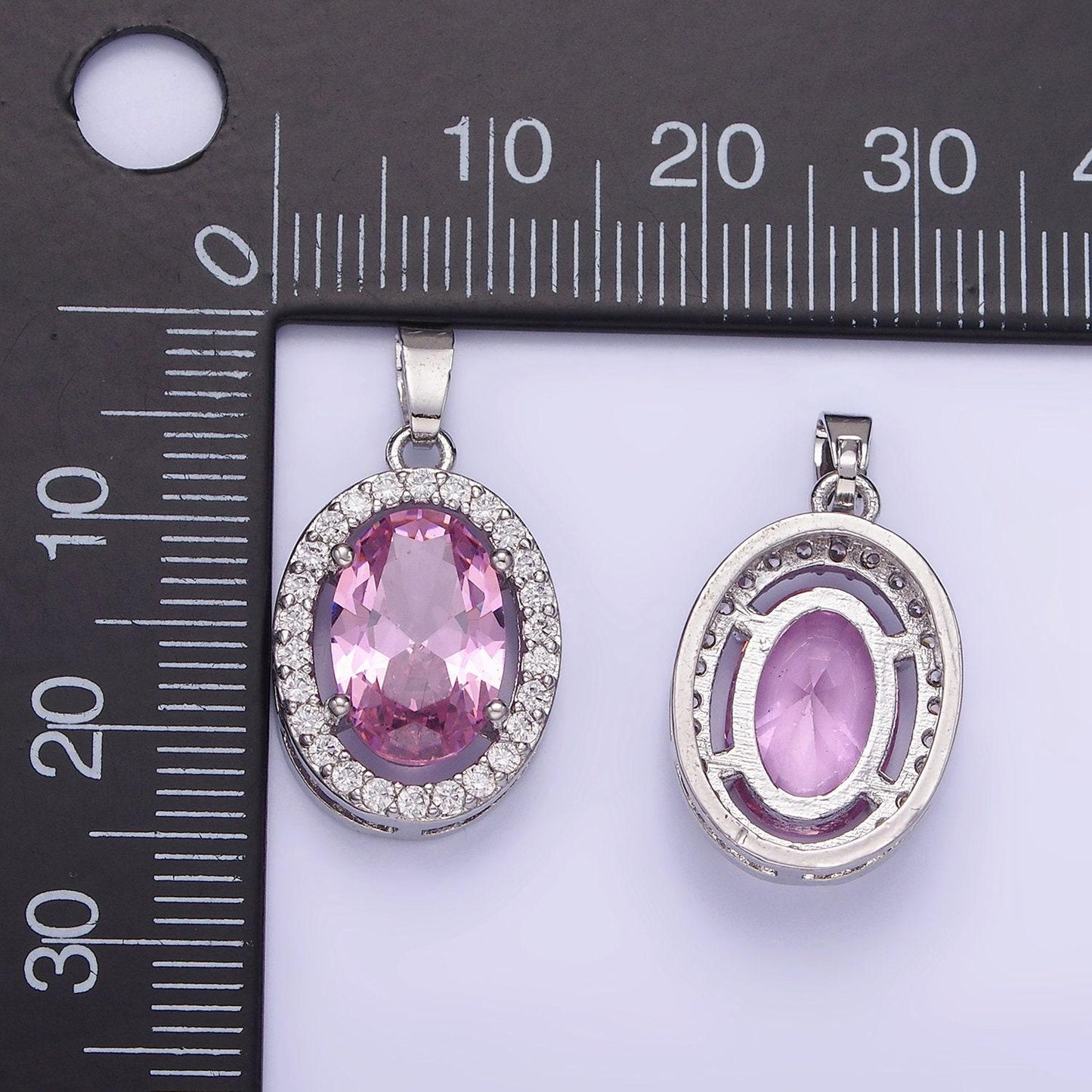 White gold filled pink cz oval micro paved pendant | aa-1168