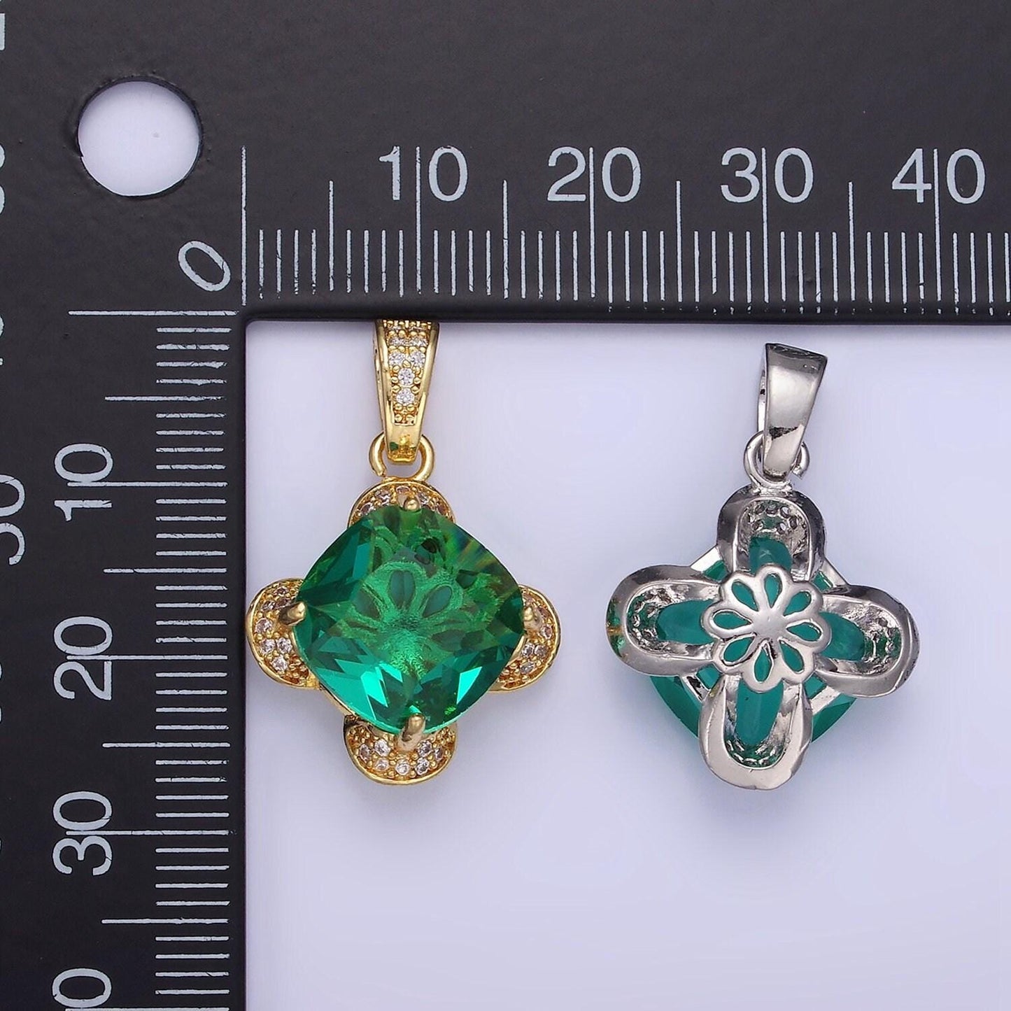 14k gold filled teal rhombus cz micro paved flower pendant in gold & silver | aa-1158