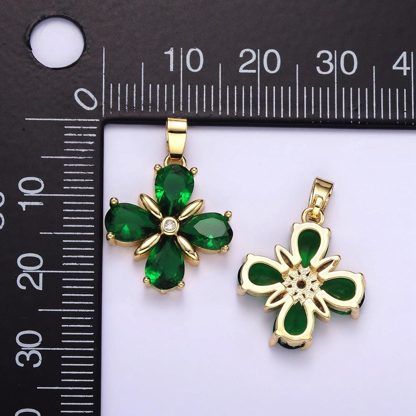 Gold cz dark green flower pendant, 14k gold filled floral green charm pendant jewelry making supply | aa059