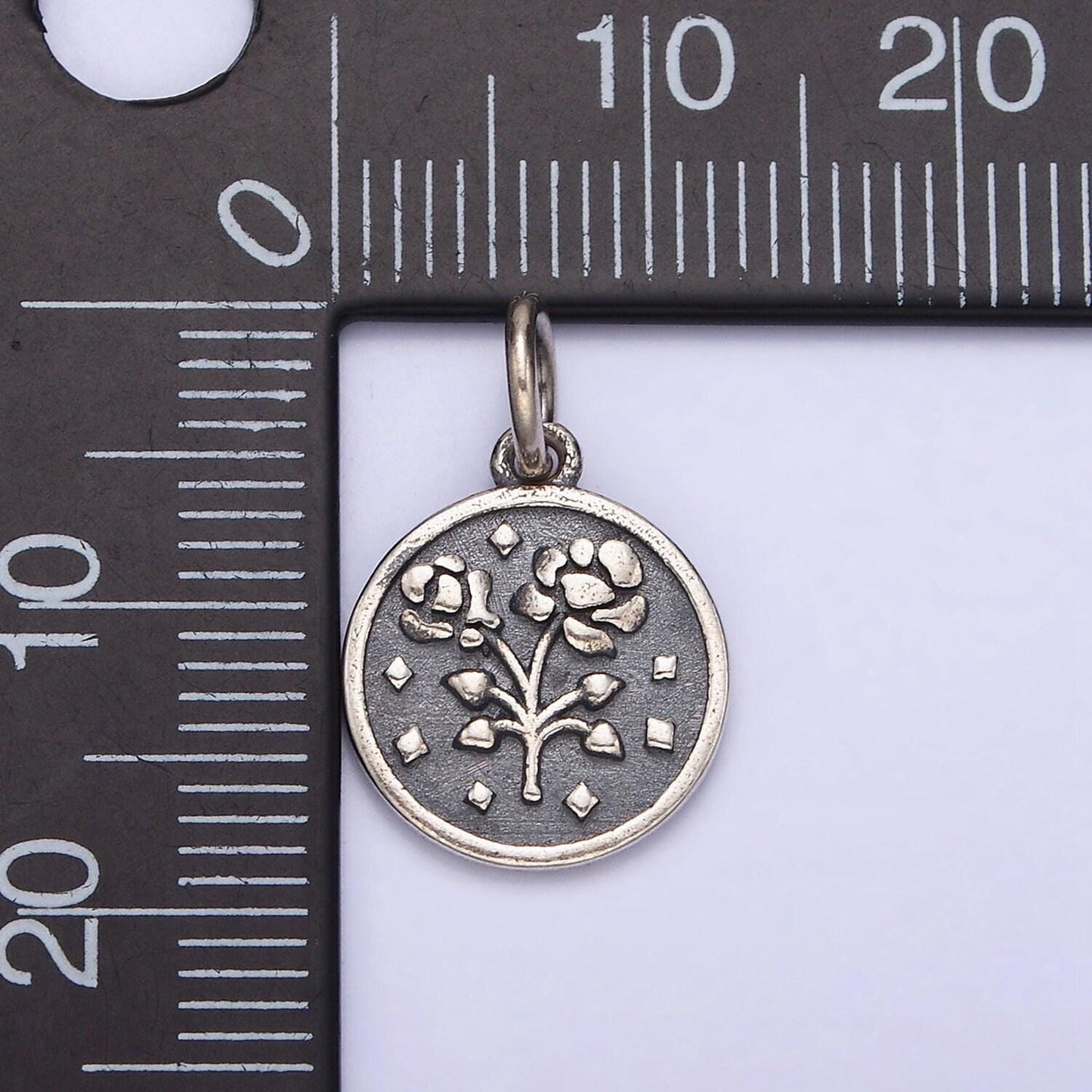 Sterling silver s925 rose flower rhombus heart petal double sided round medallion charm | sl-285