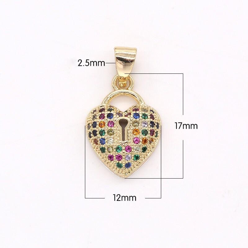 17x12mm dainty 14k gold padloack cz heart charms, colorful cubic bracelet necklace charm, micro pave lock key jewelry making -370
